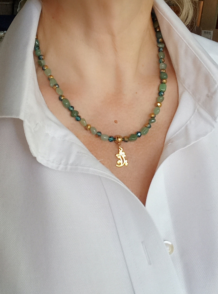 Green Aventurine Necklace with Gold Lizard Charm – Emerald Green Gemstone Jewelry, 14K Gold Filled Stainless Steel Necklace, Gift for Her