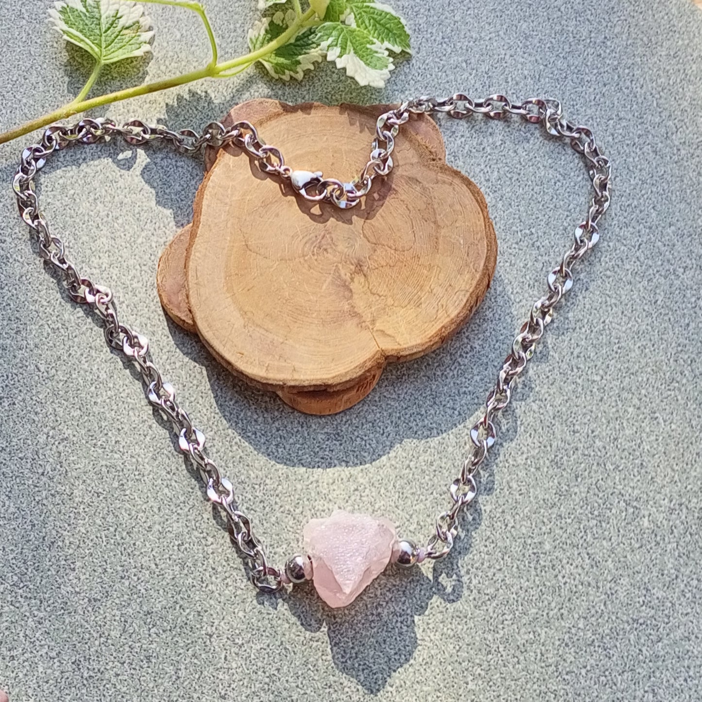 Rose Quartz Necklace – Raw Pink Gemstone Nugget Pendant, Stainless Steel Chain Necklace, Minimalist Crystal Jewelry Gift for Her