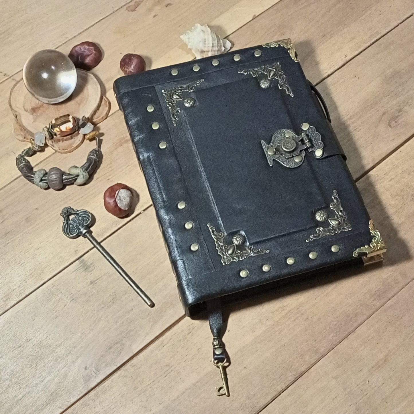 Black Refillable Leather Binder Journal – Handmade 6 Ring Grimoire Planner with Antique Lock