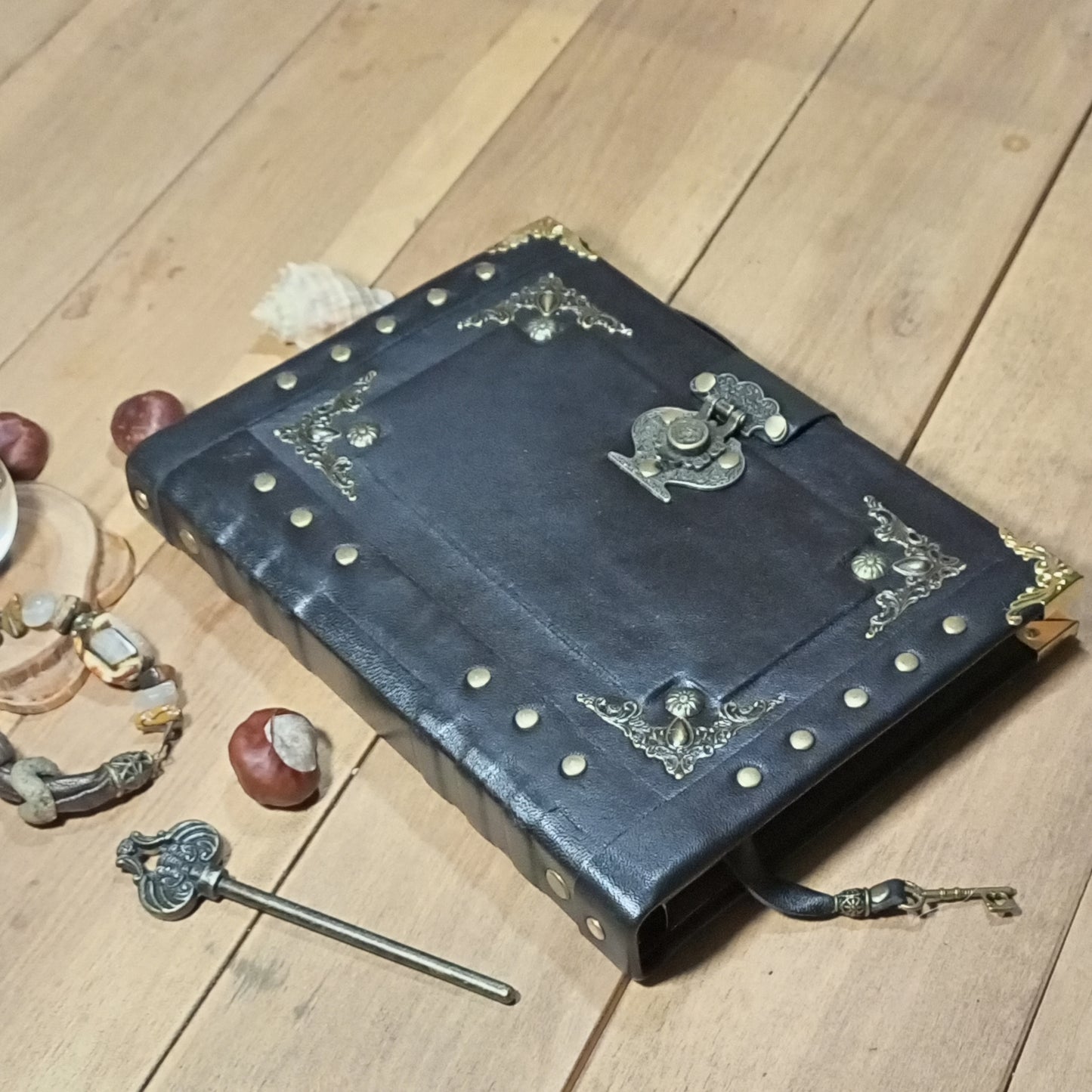 Black Refillable Leather Binder Journal – Handmade 6 Ring Grimoire Planner with Antique Lock