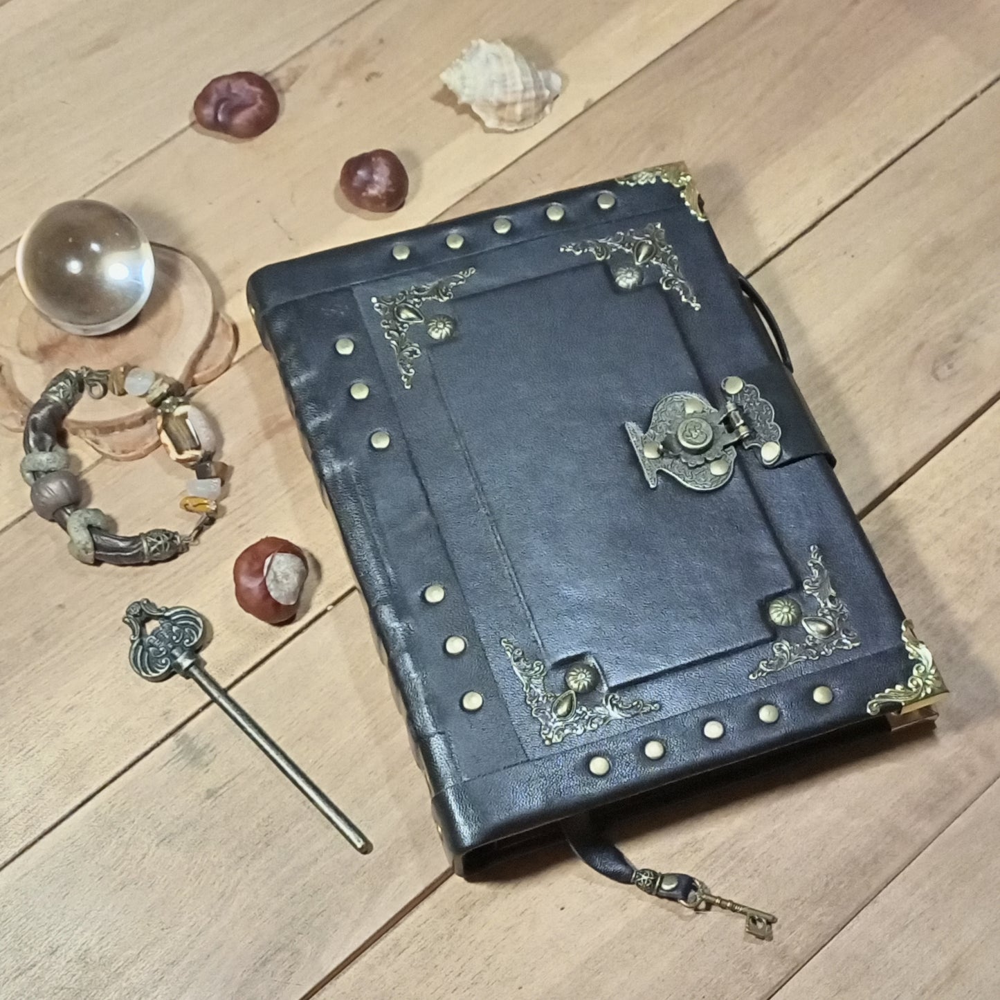 Black Refillable Leather Binder Journal – Handmade 6 Ring Grimoire Planner with Antique Lock