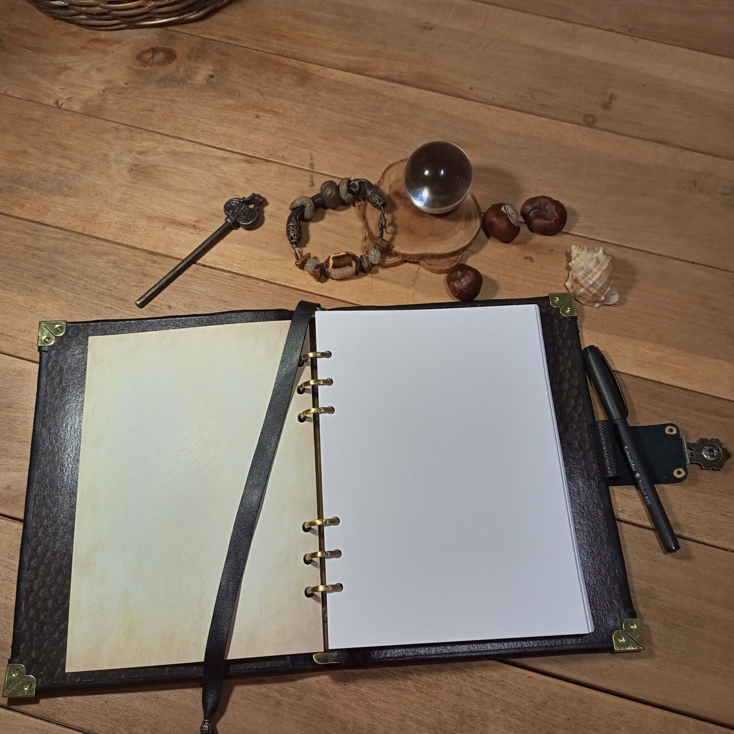 Black Refillable Leather Binder Journal – Handmade 6 Ring Grimoire Planner with Antique Lock