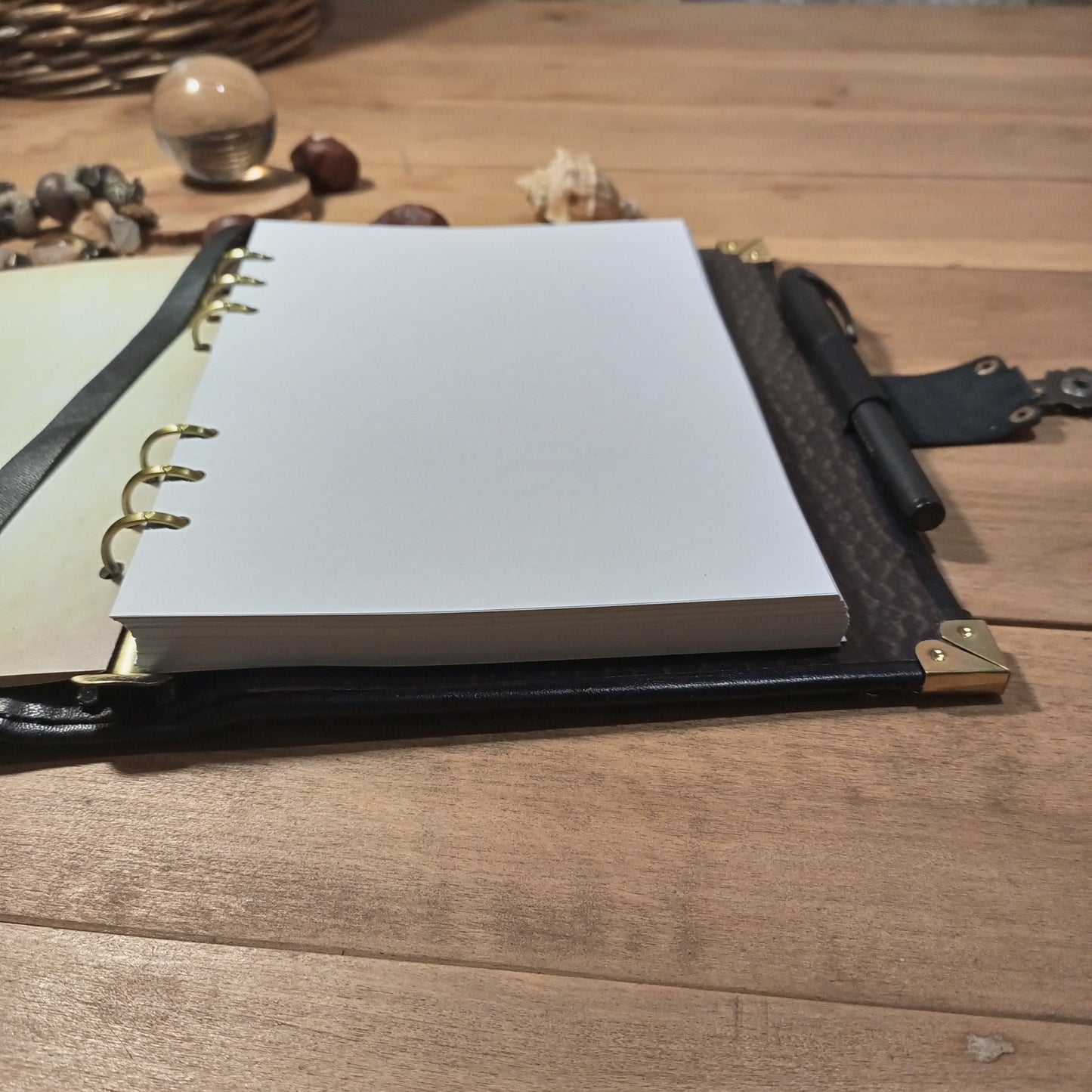 Black Refillable Leather Binder Journal – Handmade 6 Ring Grimoire Planner with Antique Lock