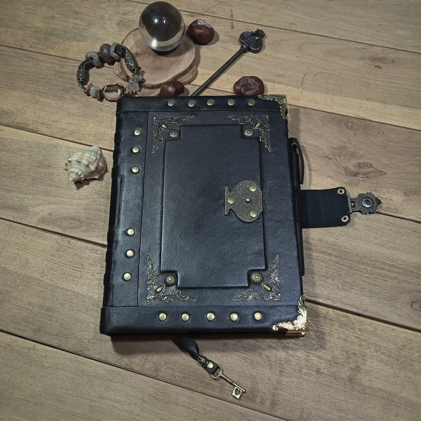 Black Refillable Leather Binder Journal – Handmade 6 Ring Grimoire Planner with Antique Lock