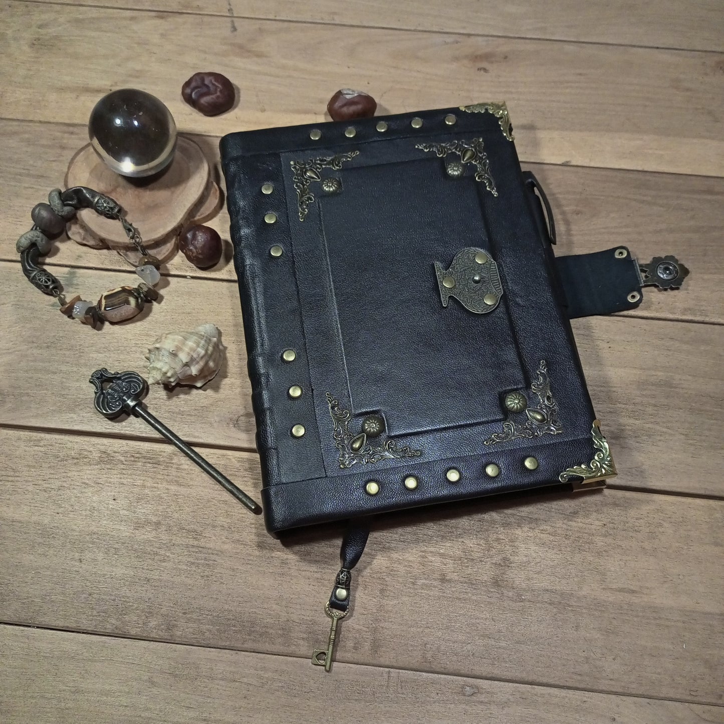 Black Refillable Leather Binder Journal – Handmade 6 Ring Grimoire Planner with Antique Lock