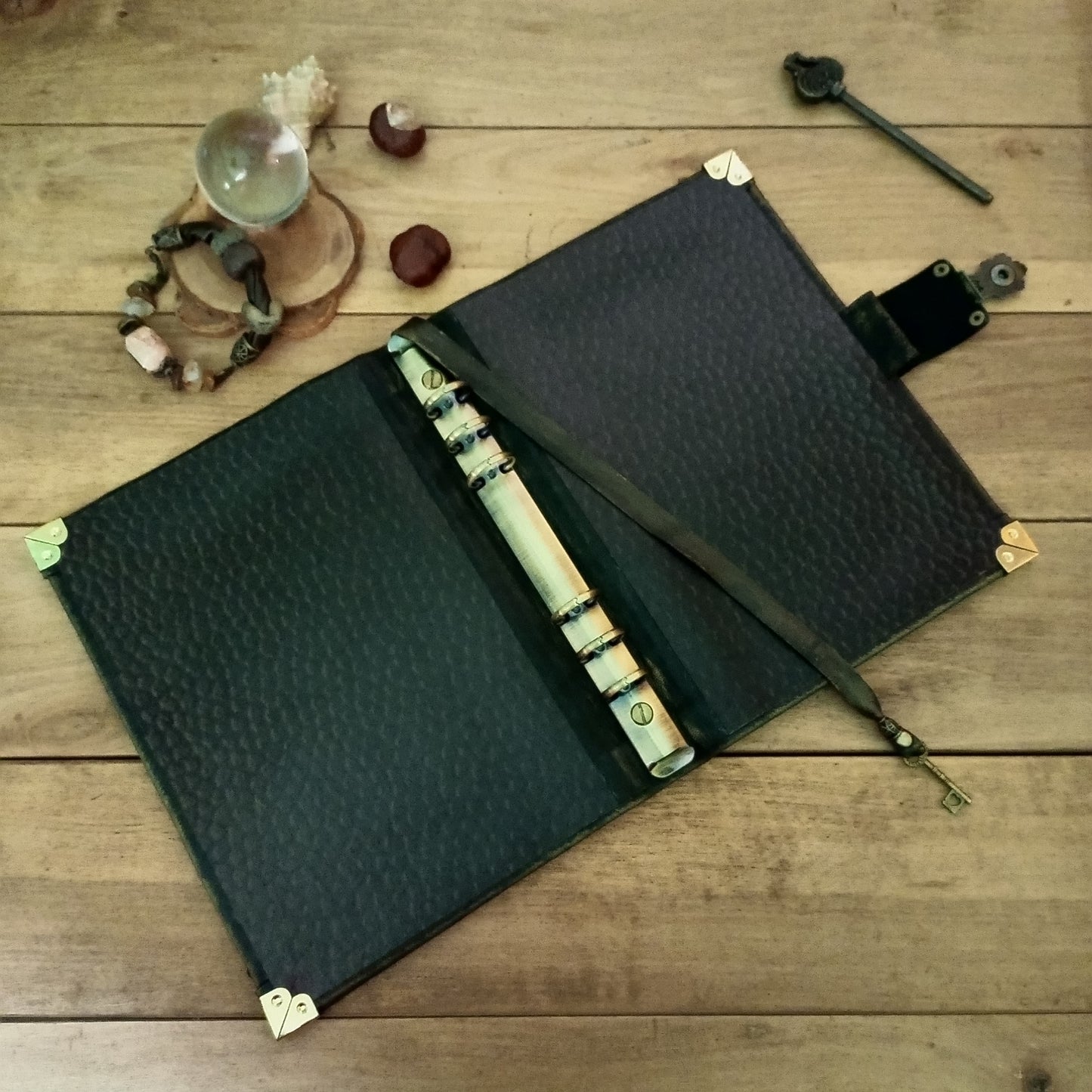 Black Refillable Leather Binder Journal – Handmade 6 Ring Grimoire Planner with Antique Lock