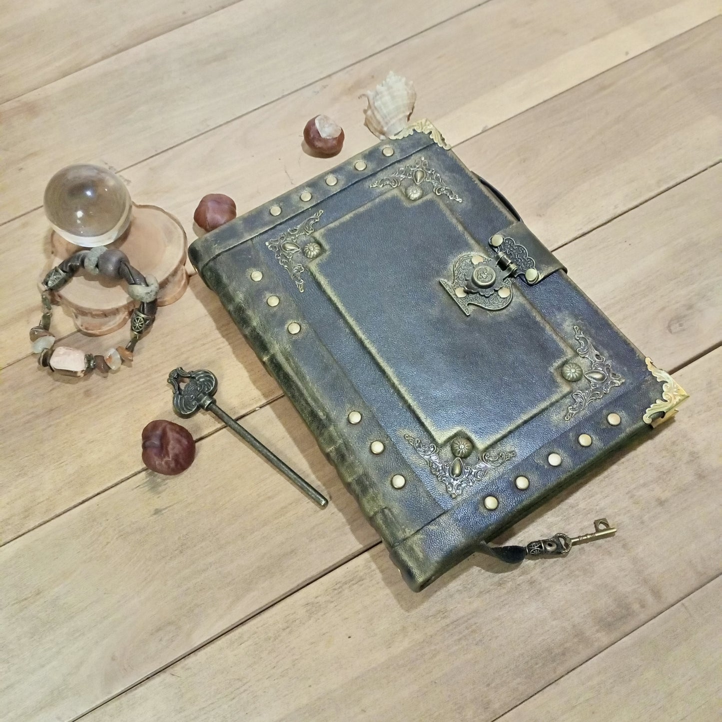 Black Refillable Leather Binder Journal – Handmade 6 Ring Grimoire Planner with Antique Lock