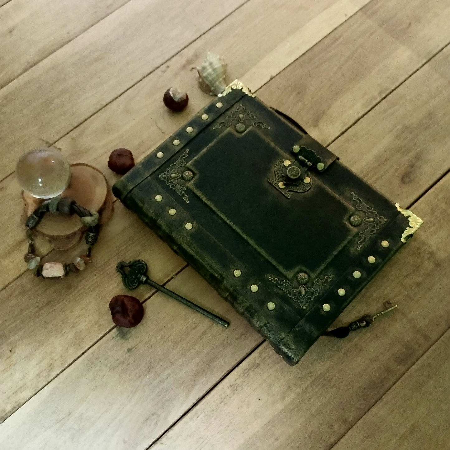 Black Refillable Leather Binder Journal – Handmade 6 Ring Grimoire Planner with Antique Lock