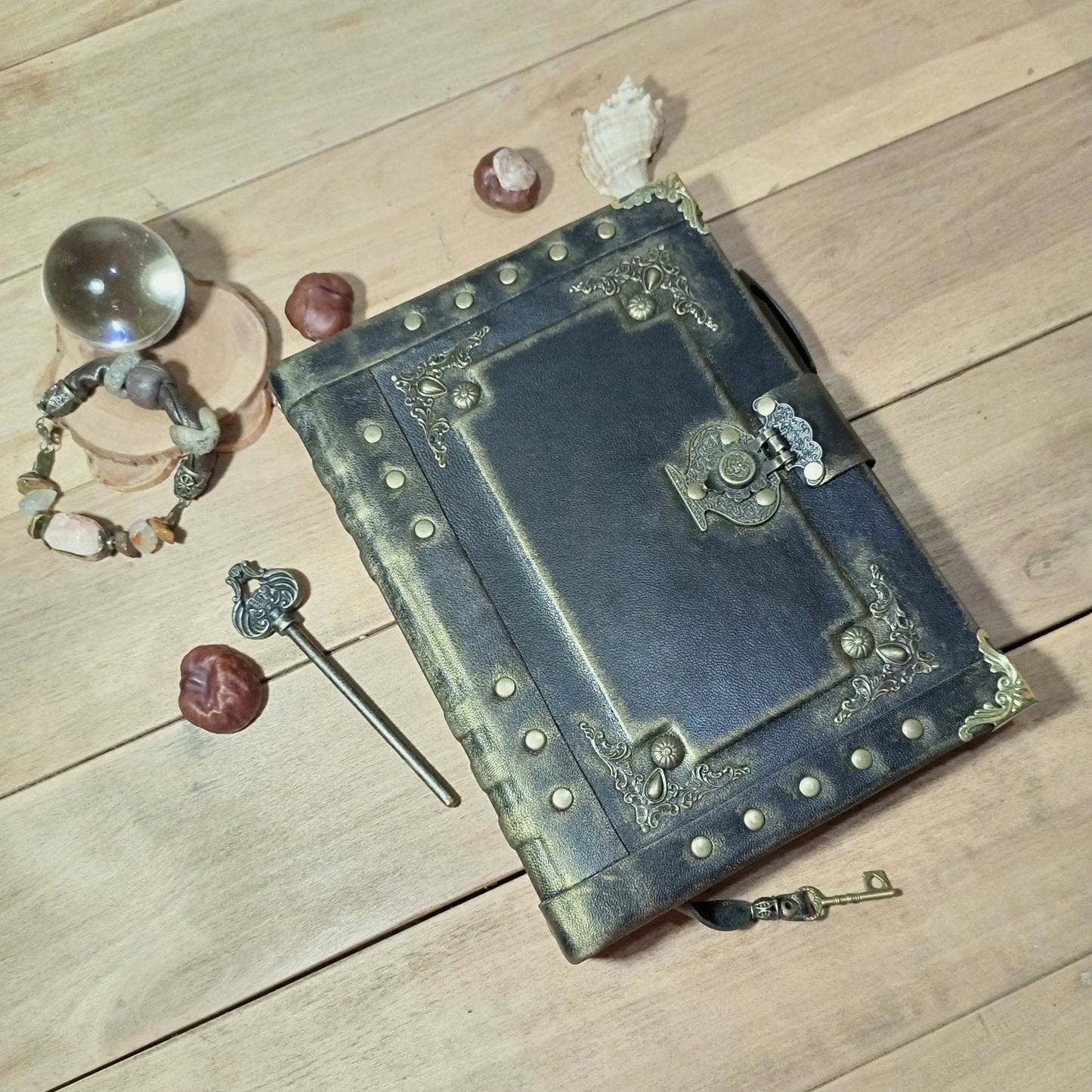 Black Refillable Leather Binder Journal – Handmade 6 Ring Grimoire Planner with Antique Lock