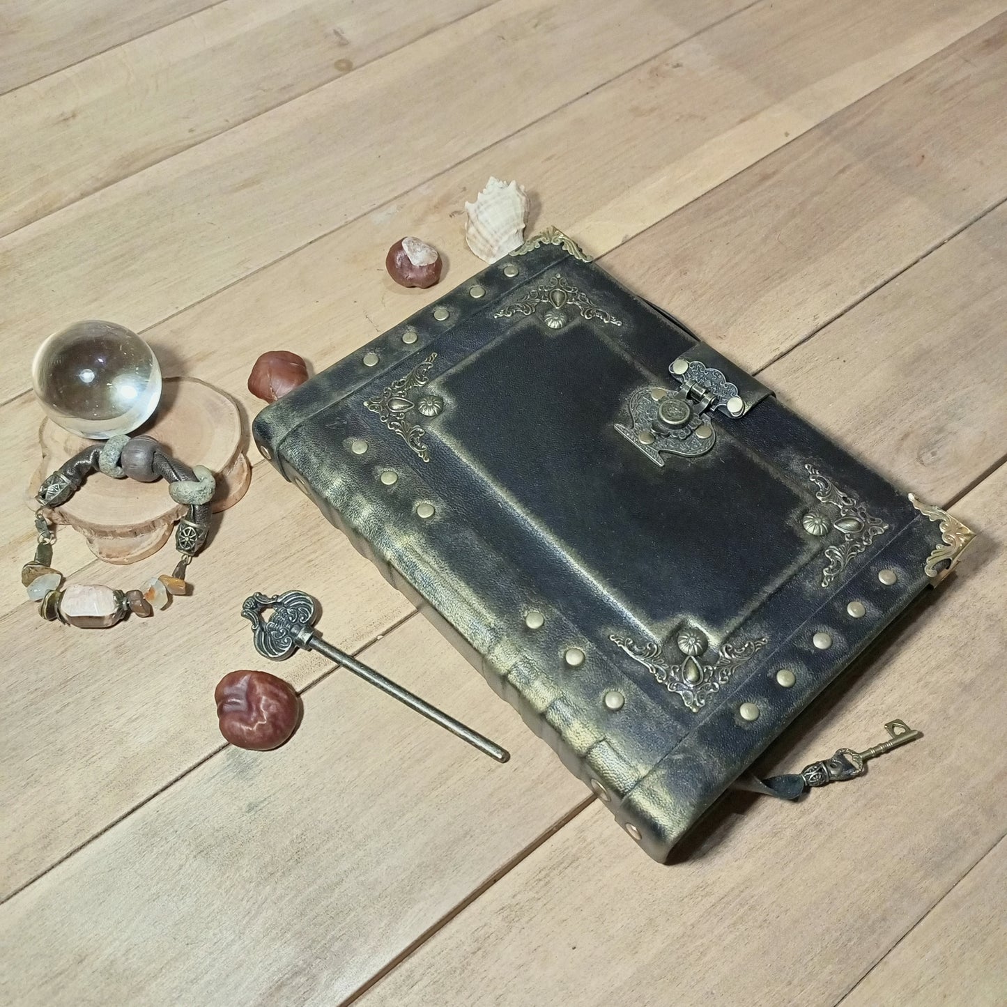 Black Refillable Leather Binder Journal – Handmade 6 Ring Grimoire Planner with Antique Lock