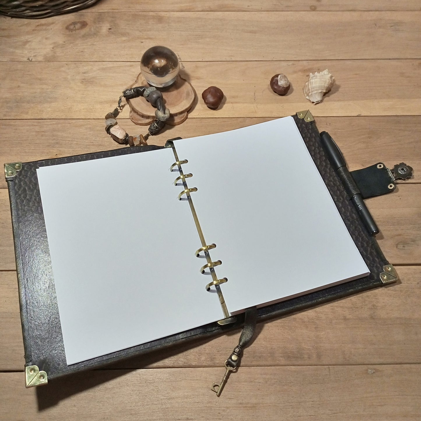 Black Refillable Leather Binder Journal – Handmade 6 Ring Grimoire Planner with Antique Lock