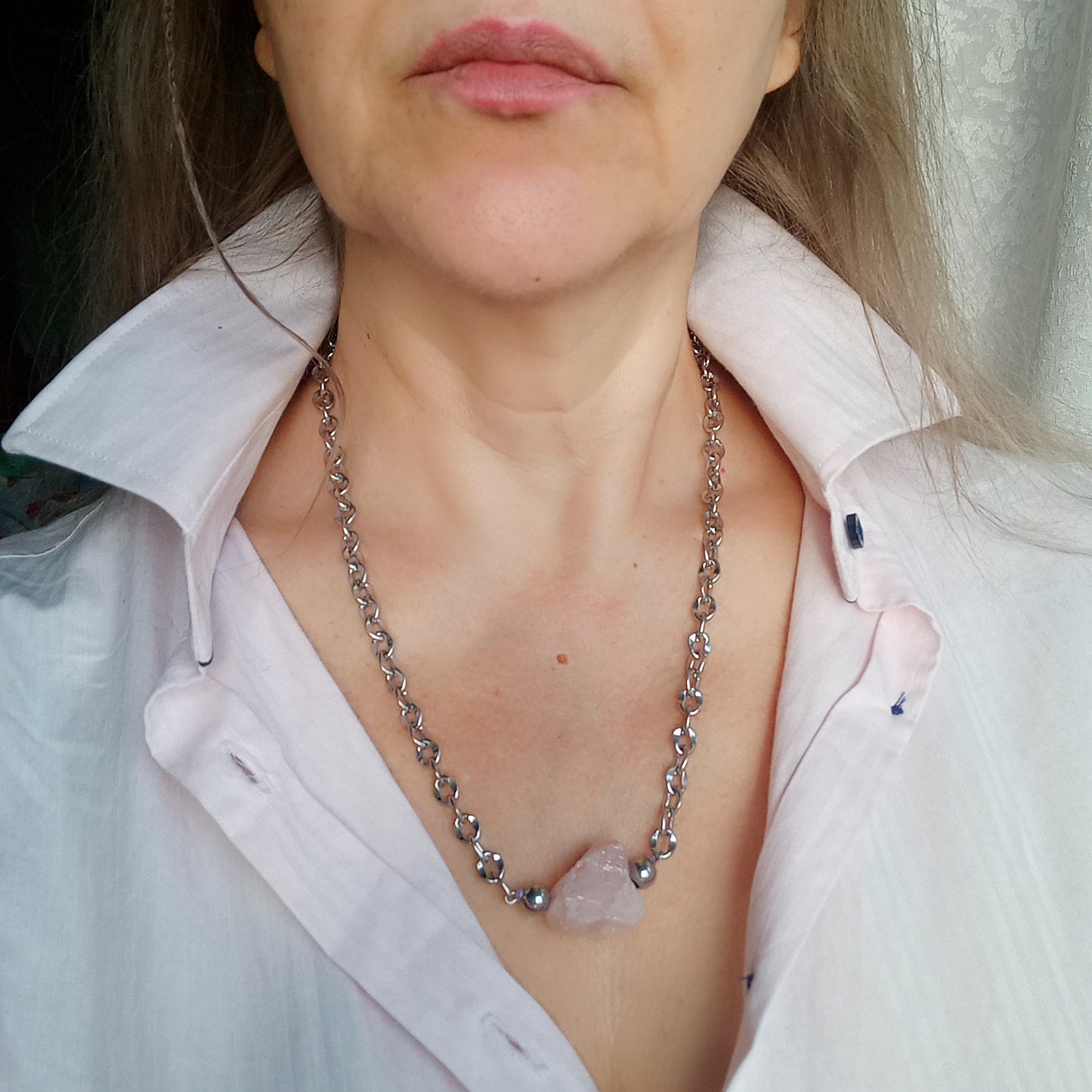 Rose Quartz Necklace – Raw Pink Gemstone Nugget Pendant, Stainless Steel Chain Necklace, Minimalist Crystal Jewelry Gift for Her