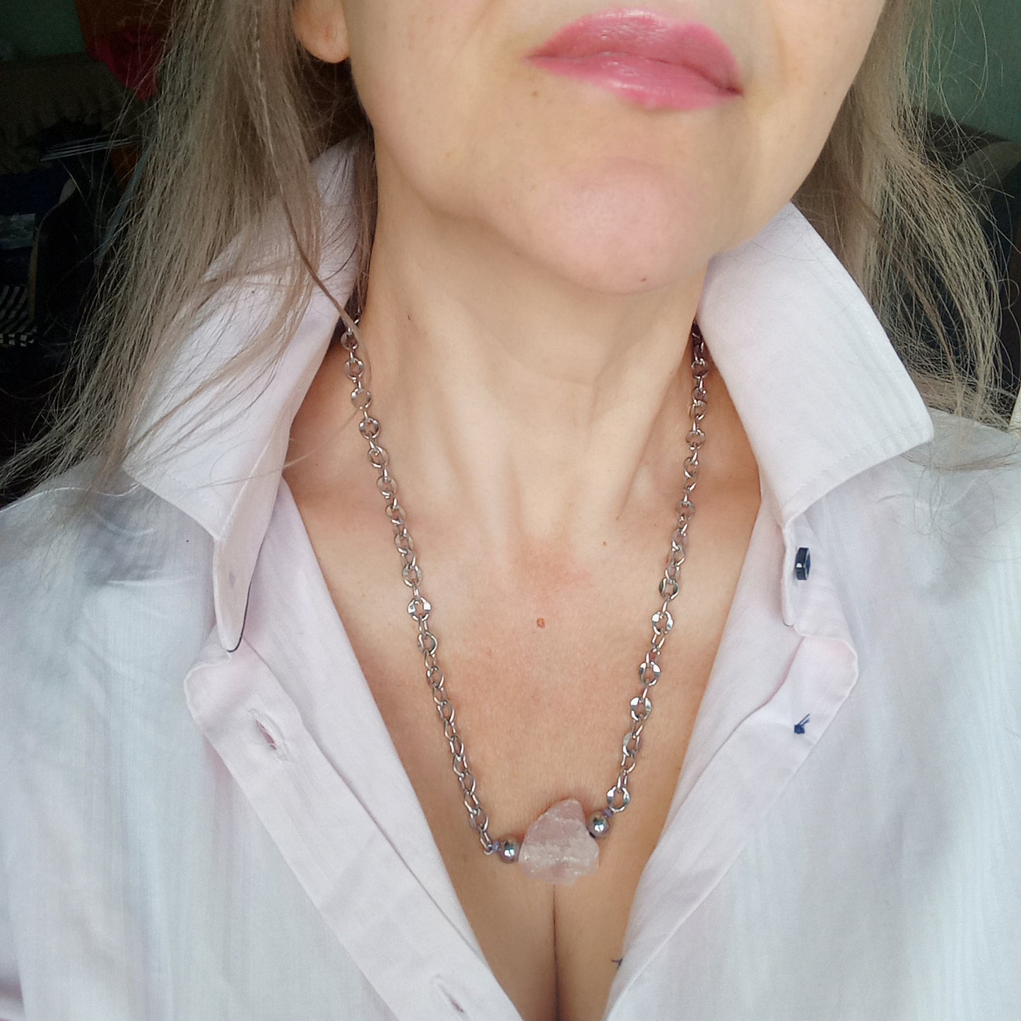 Rose Quartz Necklace – Raw Pink Gemstone Nugget Pendant, Stainless Steel Chain Necklace, Minimalist Crystal Jewelry Gift for Her