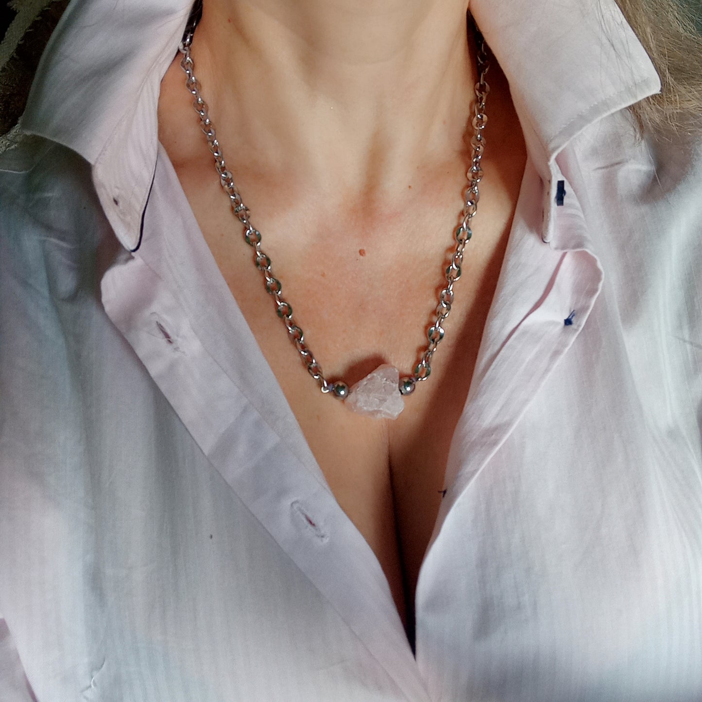 Rose Quartz Necklace – Raw Pink Gemstone Nugget Pendant, Stainless Steel Chain Necklace, Minimalist Crystal Jewelry Gift for Her