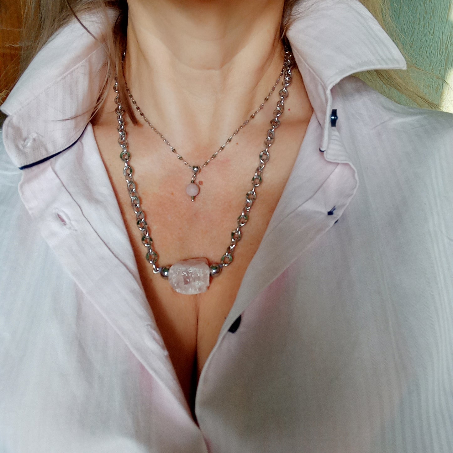 Rose Quartz Necklace – Raw Pink Gemstone Nugget Pendant, Stainless Steel Chain Necklace, Minimalist Crystal Jewelry Gift for Her