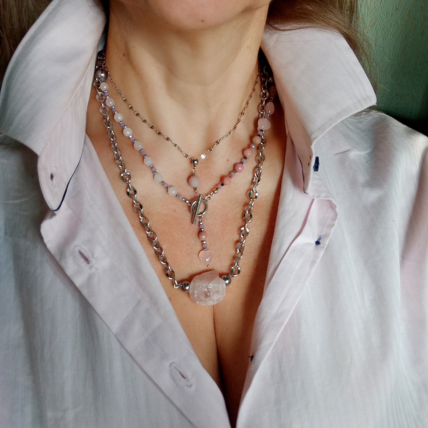 Rose Quartz Necklace – Raw Pink Gemstone Nugget Pendant, Stainless Steel Chain Necklace, Minimalist Crystal Jewelry Gift for Her