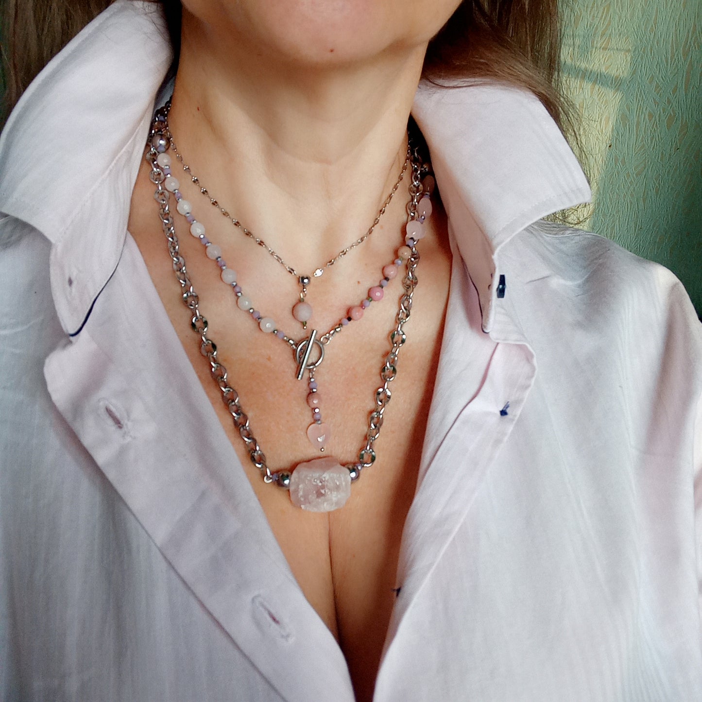 Rose Quartz Heart Necklace with Rhodochrosite & Tourmaline – Pink Gemstone Choker, Stainless Steel Necklace, Romantic Gift for Her