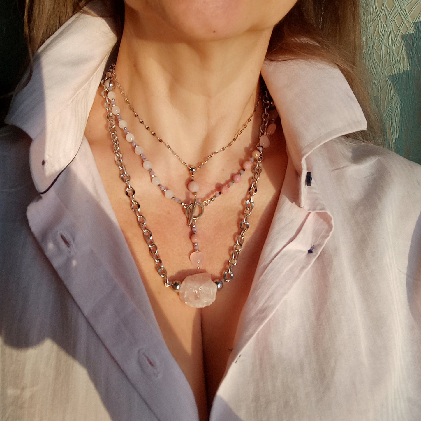 Rose Quartz Necklace – Raw Pink Gemstone Nugget Pendant, Stainless Steel Chain Necklace, Minimalist Crystal Jewelry Gift for Her