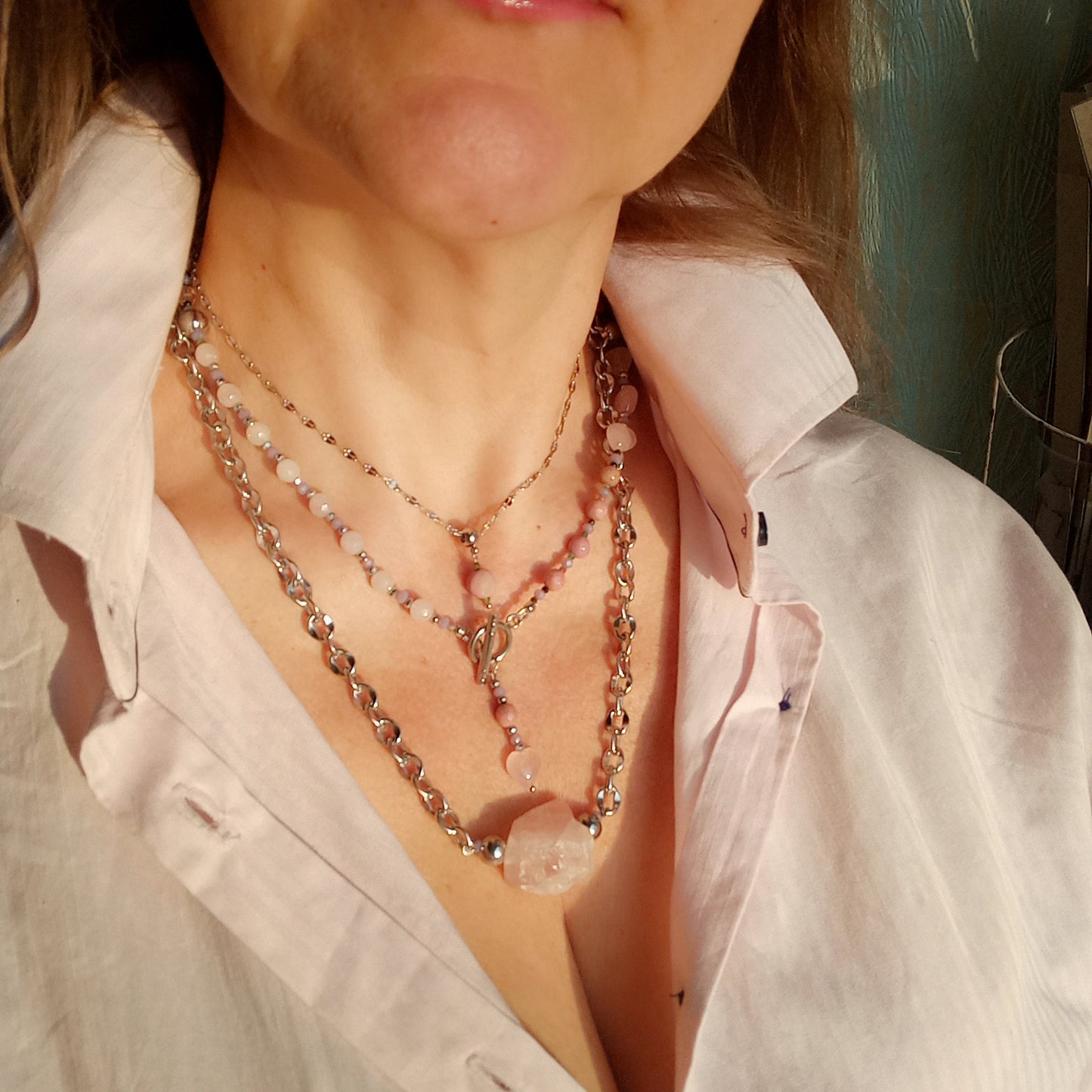 Rose Quartz Heart Necklace with Rhodochrosite & Tourmaline – Pink Gemstone Choker, Stainless Steel Necklace, Romantic Gift for Her