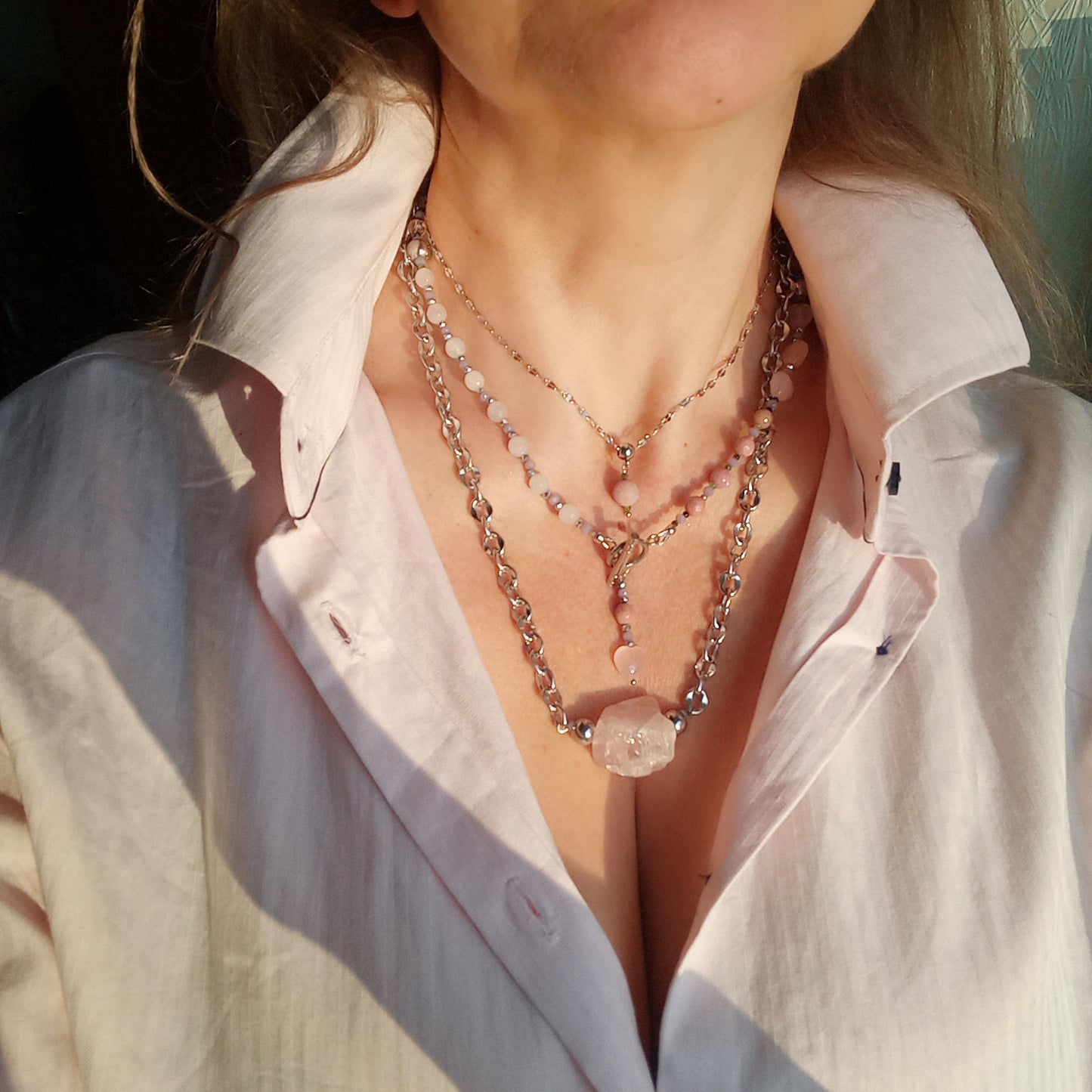 Rose Quartz Heart Necklace with Rhodochrosite & Tourmaline – Pink Gemstone Choker, Stainless Steel Necklace, Romantic Gift for Her