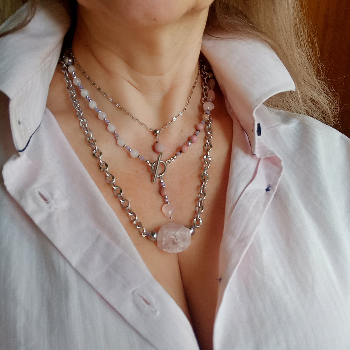 Rose Quartz Heart Necklace with Rhodochrosite & Tourmaline – Pink Gemstone Choker, Stainless Steel Necklace, Romantic Gift for Her