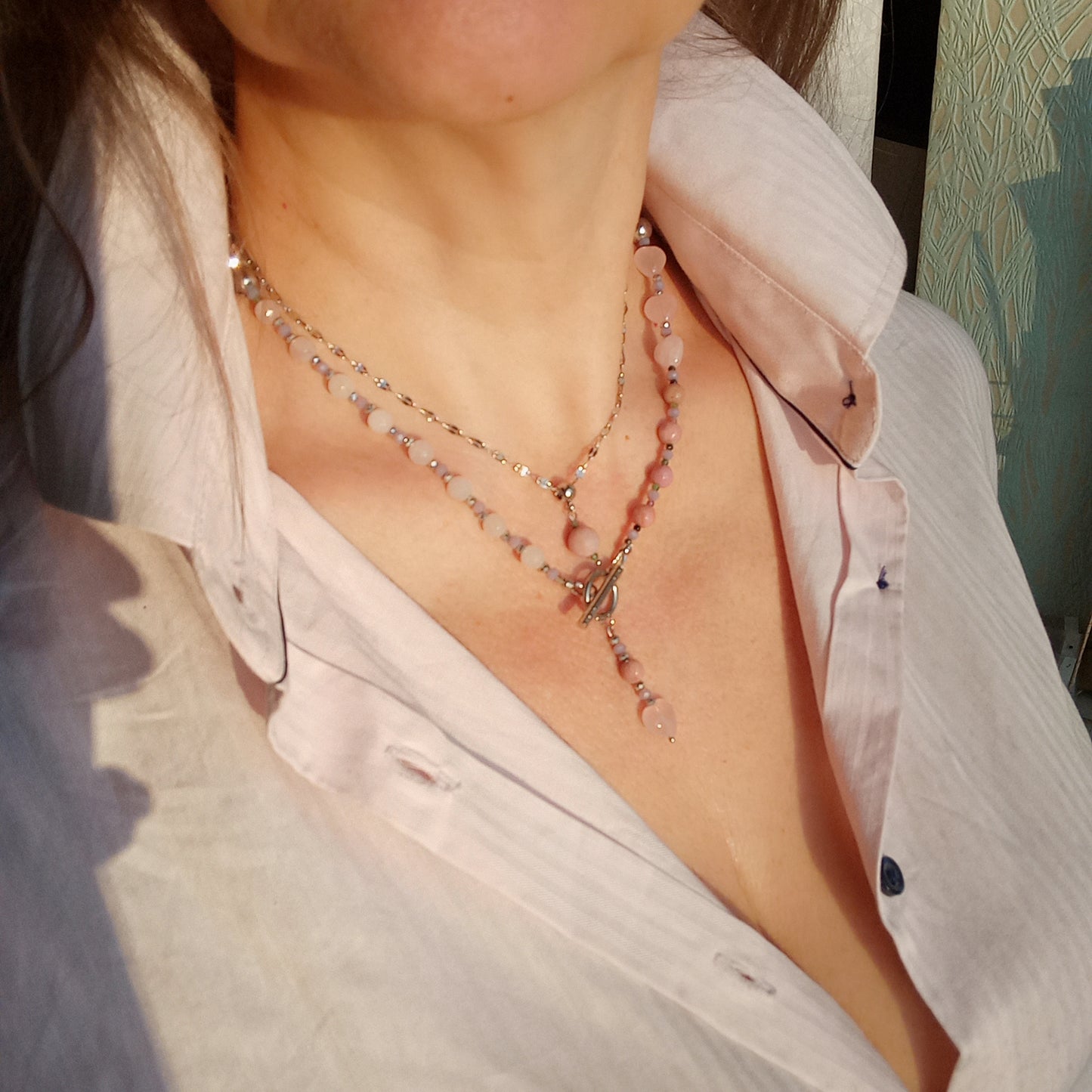 Rose Quartz Heart Necklace with Rhodochrosite & Tourmaline – Pink Gemstone Choker, Stainless Steel Necklace, Romantic Gift for Her