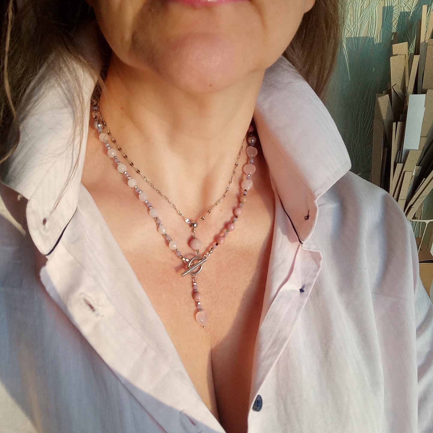 Rose Quartz Heart Necklace with Rhodochrosite & Tourmaline – Pink Gemstone Choker, Stainless Steel Necklace, Romantic Gift for Her