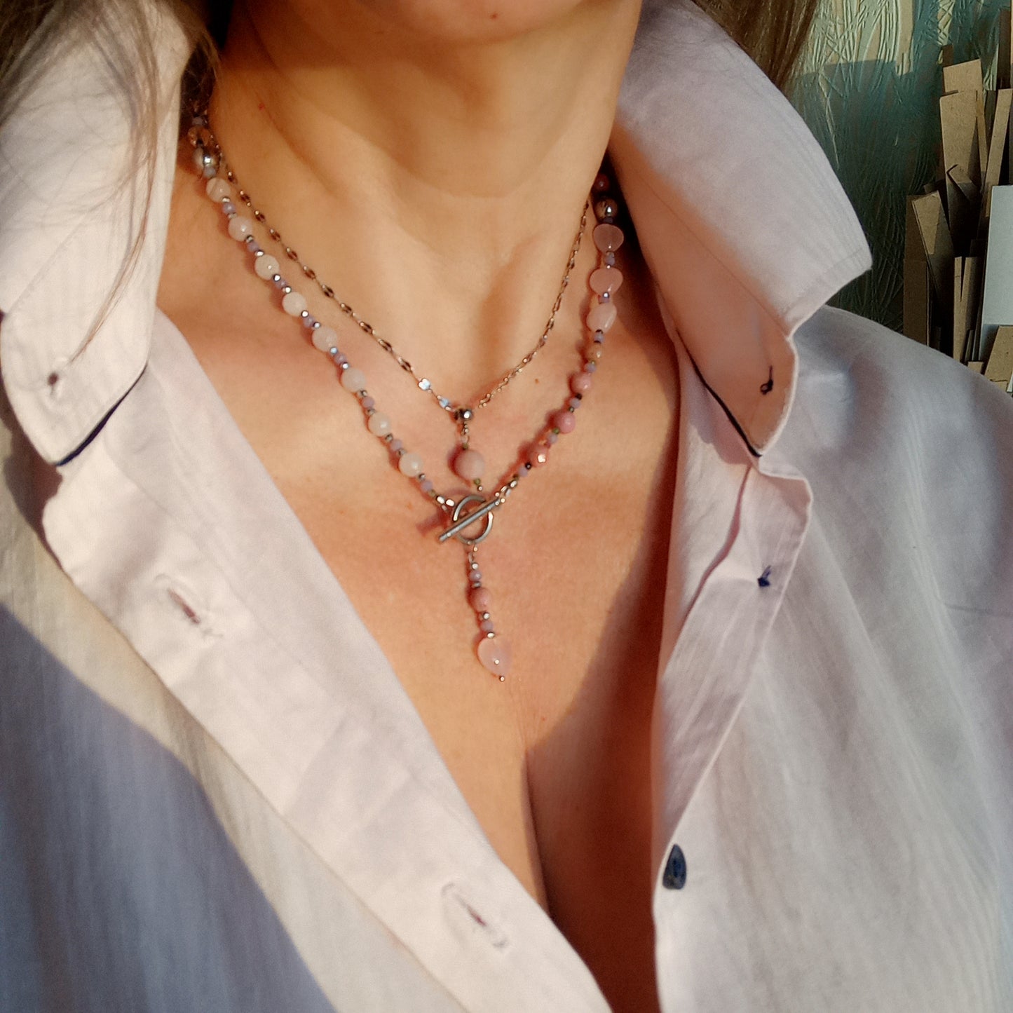 Rose Quartz Heart Necklace with Rhodochrosite & Tourmaline – Pink Gemstone Choker, Stainless Steel Necklace, Romantic Gift for Her