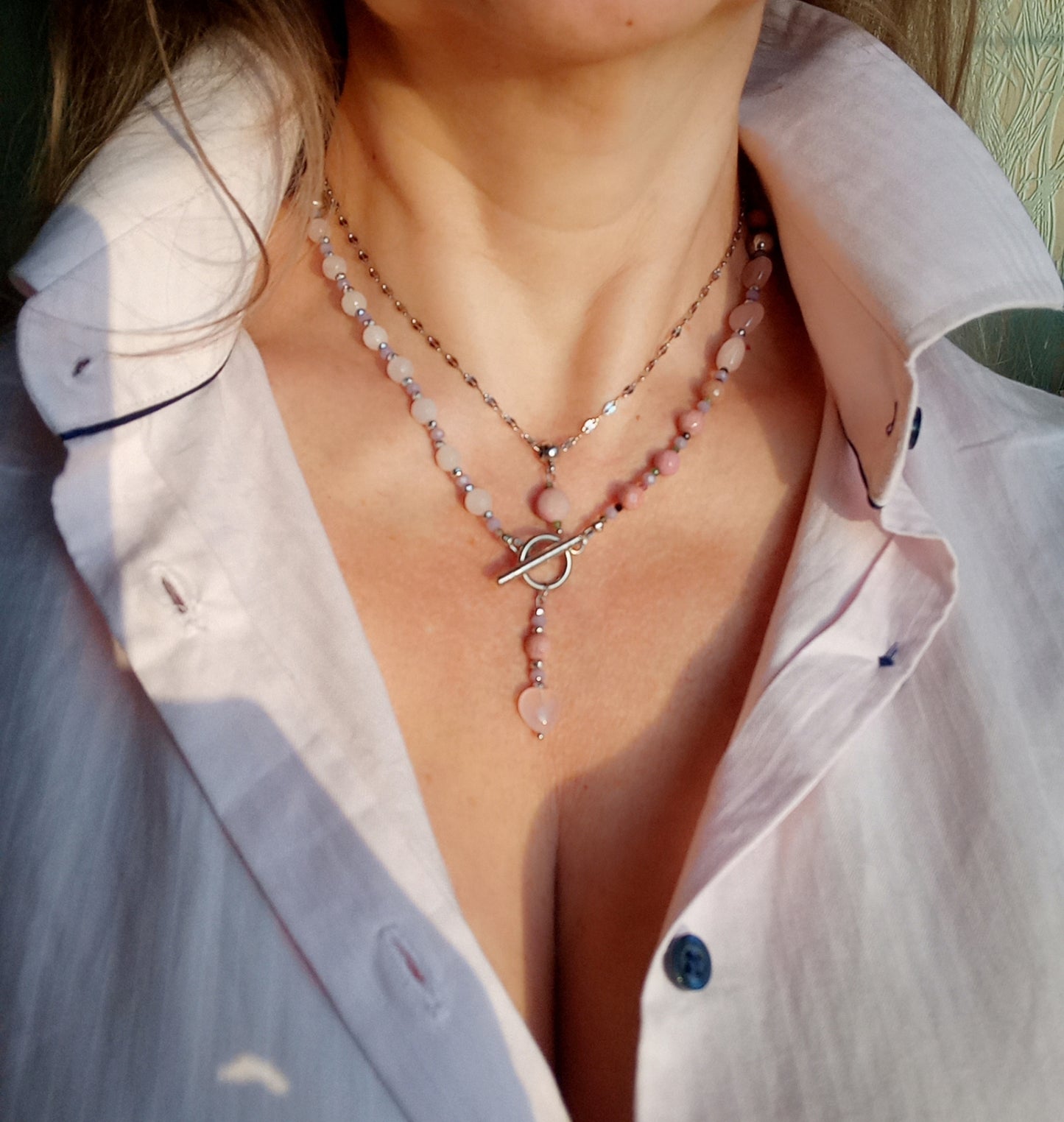 Rose Quartz Heart Necklace with Rhodochrosite & Tourmaline – Pink Gemstone Choker, Stainless Steel Necklace, Romantic Gift for Her