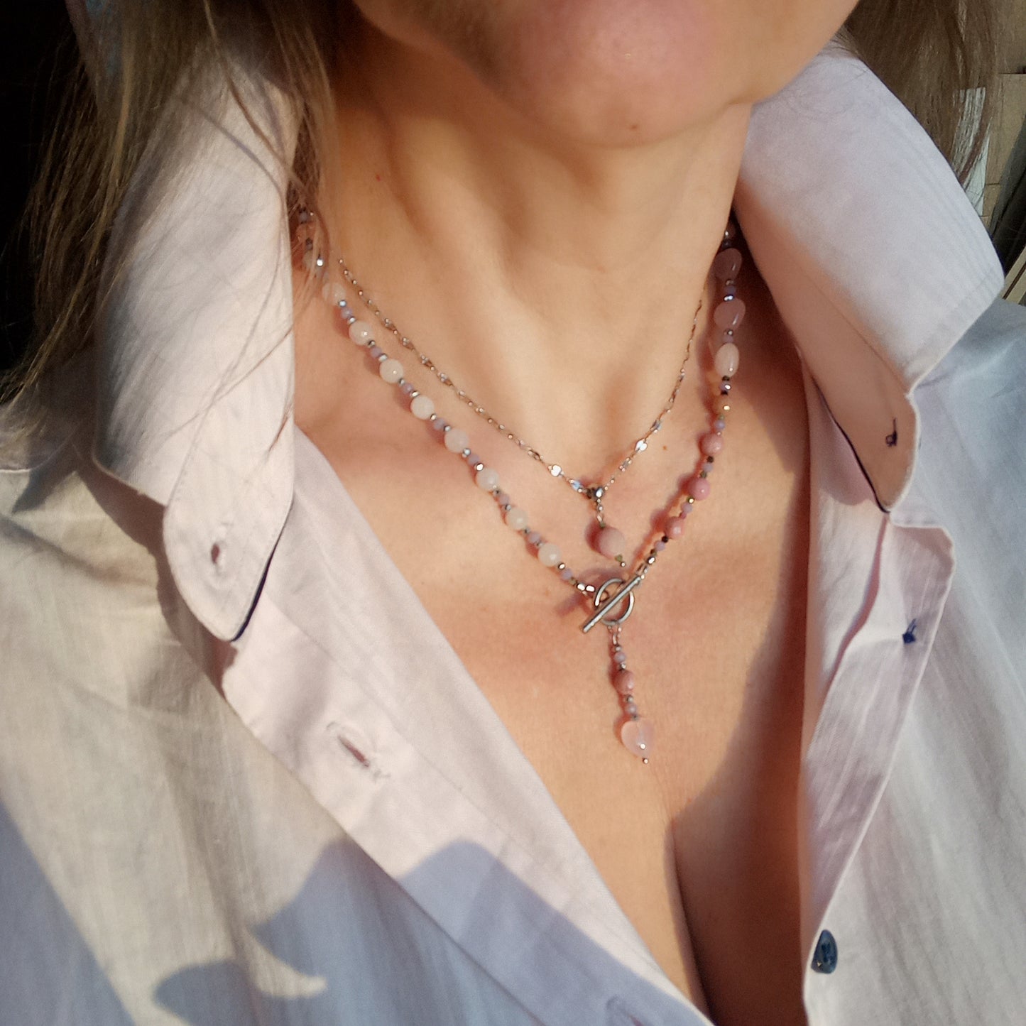 Rose Quartz Heart Necklace with Rhodochrosite & Tourmaline – Pink Gemstone Choker, Stainless Steel Necklace, Romantic Gift for Her