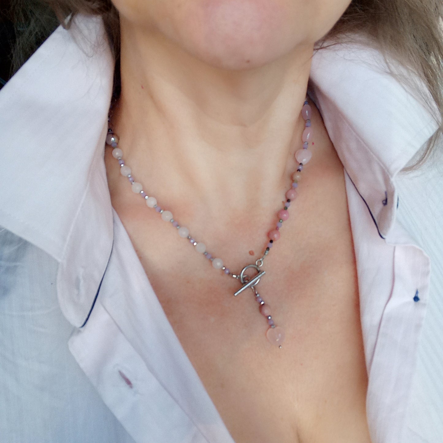 Rose Quartz Heart Necklace with Rhodochrosite & Tourmaline – Pink Gemstone Choker, Stainless Steel Necklace, Romantic Gift for Her