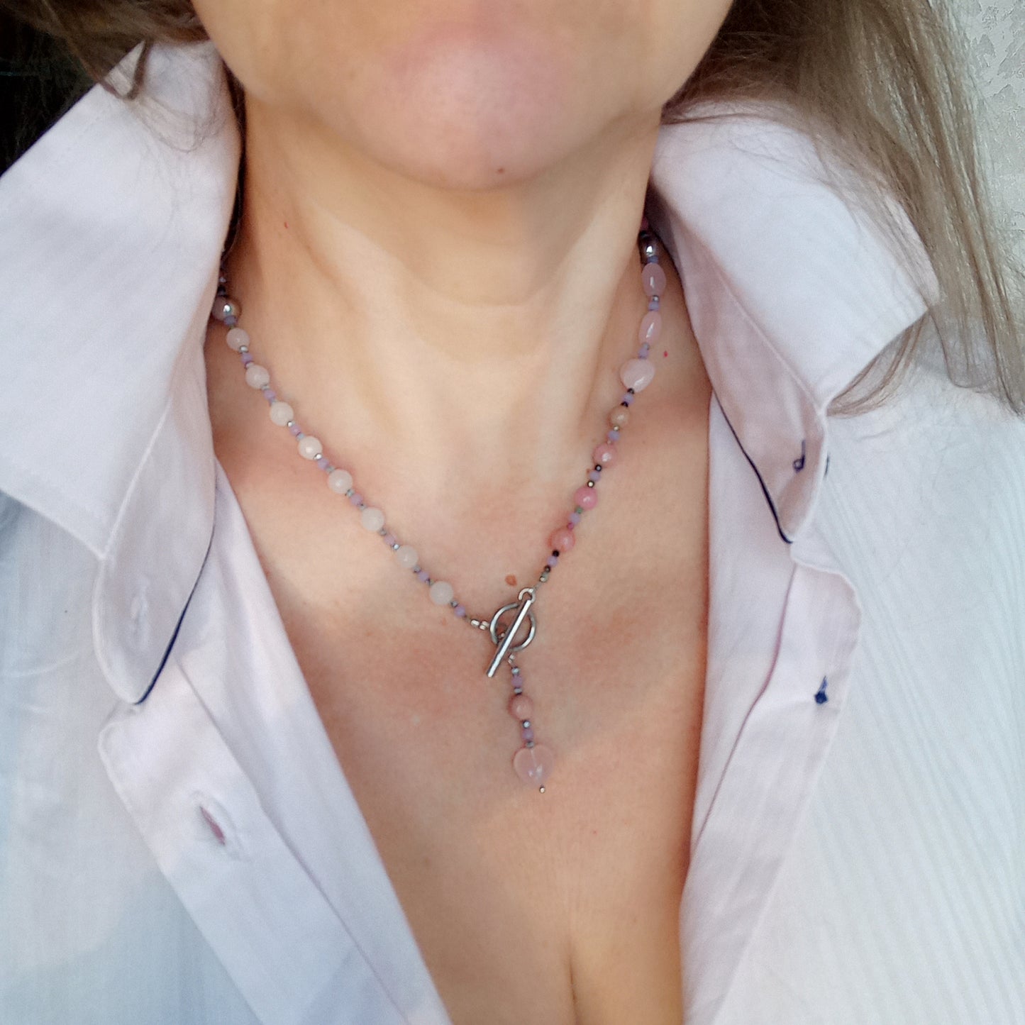 Rose Quartz Heart Necklace with Rhodochrosite & Tourmaline – Pink Gemstone Choker, Stainless Steel Necklace, Romantic Gift for Her