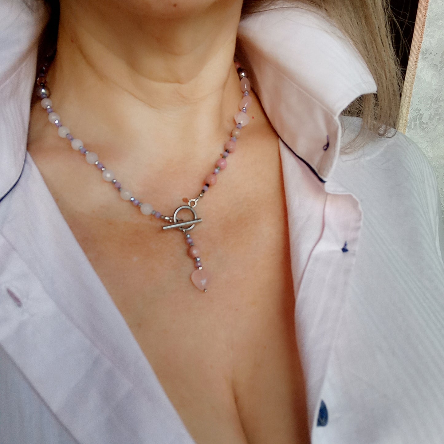 Rose Quartz Heart Necklace with Rhodochrosite & Tourmaline – Pink Gemstone Choker, Stainless Steel Necklace, Romantic Gift for Her