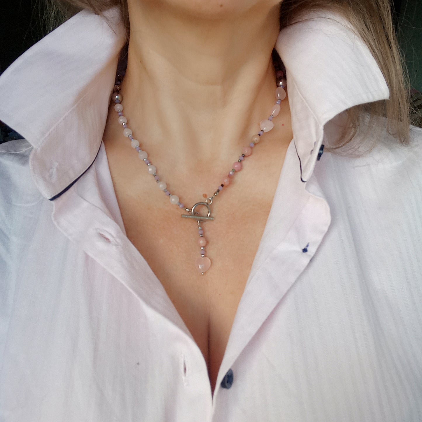Rose Quartz Heart Necklace with Rhodochrosite & Tourmaline – Pink Gemstone Choker, Stainless Steel Necklace, Romantic Gift for Her