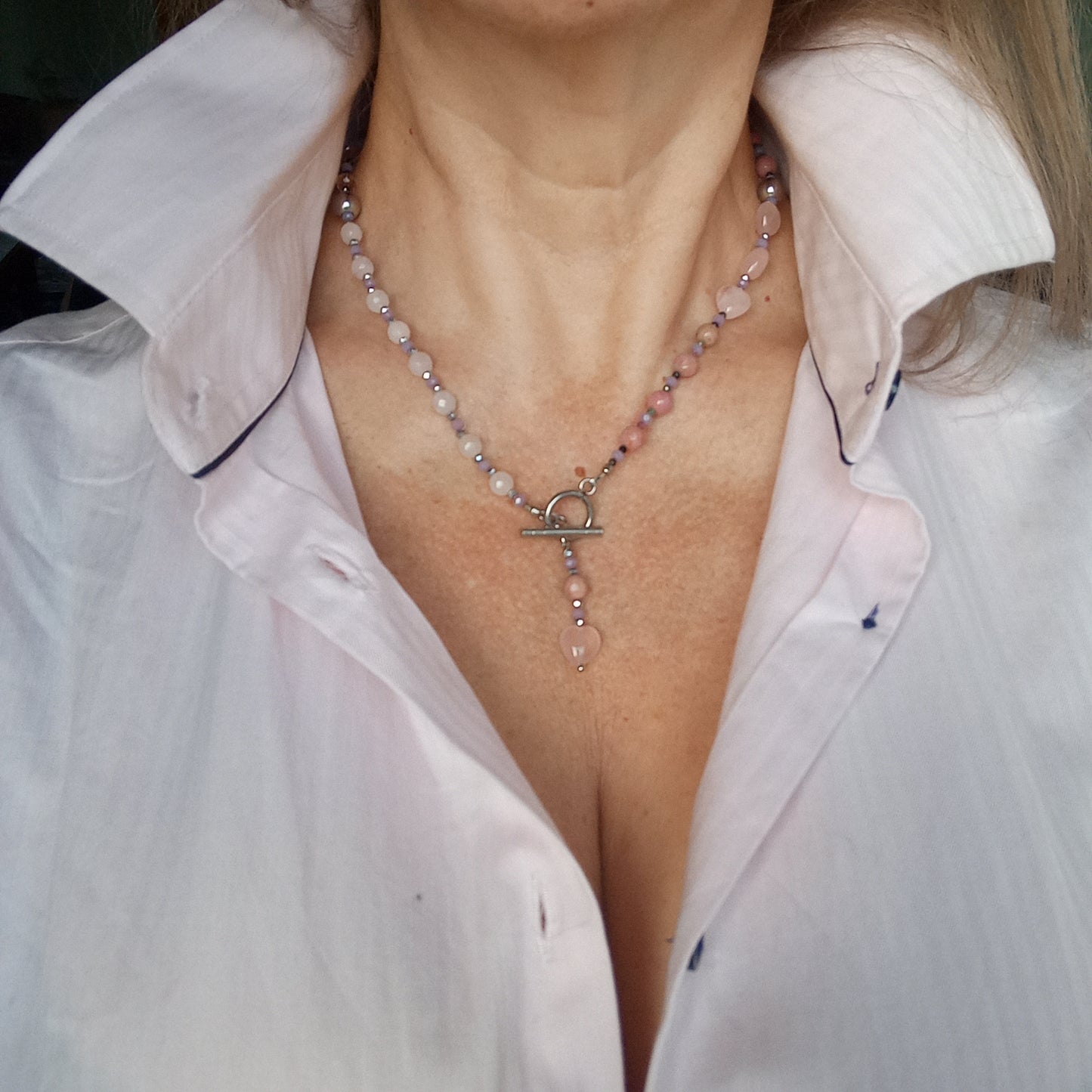 Rose Quartz Heart Necklace with Rhodochrosite & Tourmaline – Pink Gemstone Choker, Stainless Steel Necklace, Romantic Gift for Her