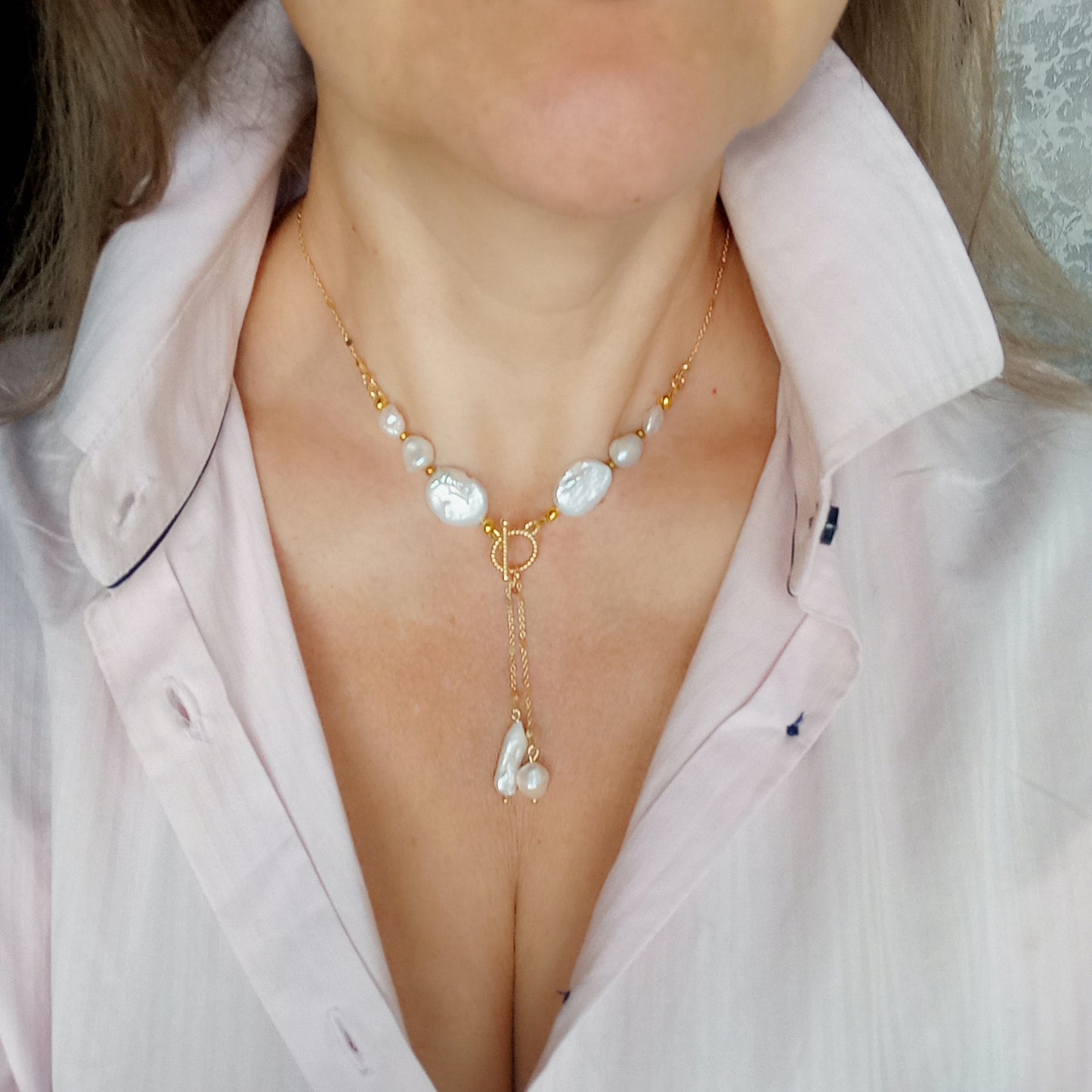 Freshwater Coin Pearl Necklace – White Wedding Pearl Jewelry 14K Gold Filled Chain Necklace Bridal Gift for Her