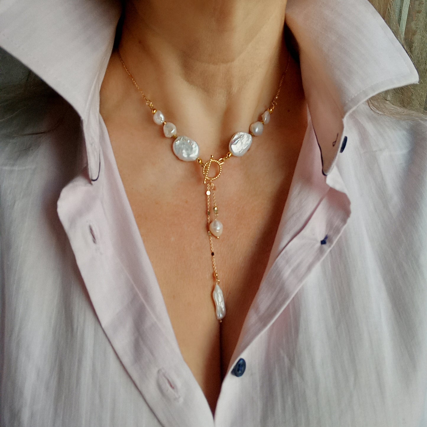 Freshwater Coin Pearl Necklace – White Wedding Pearl Jewelry 14K Gold Filled Chain Necklace Bridal Gift for Her