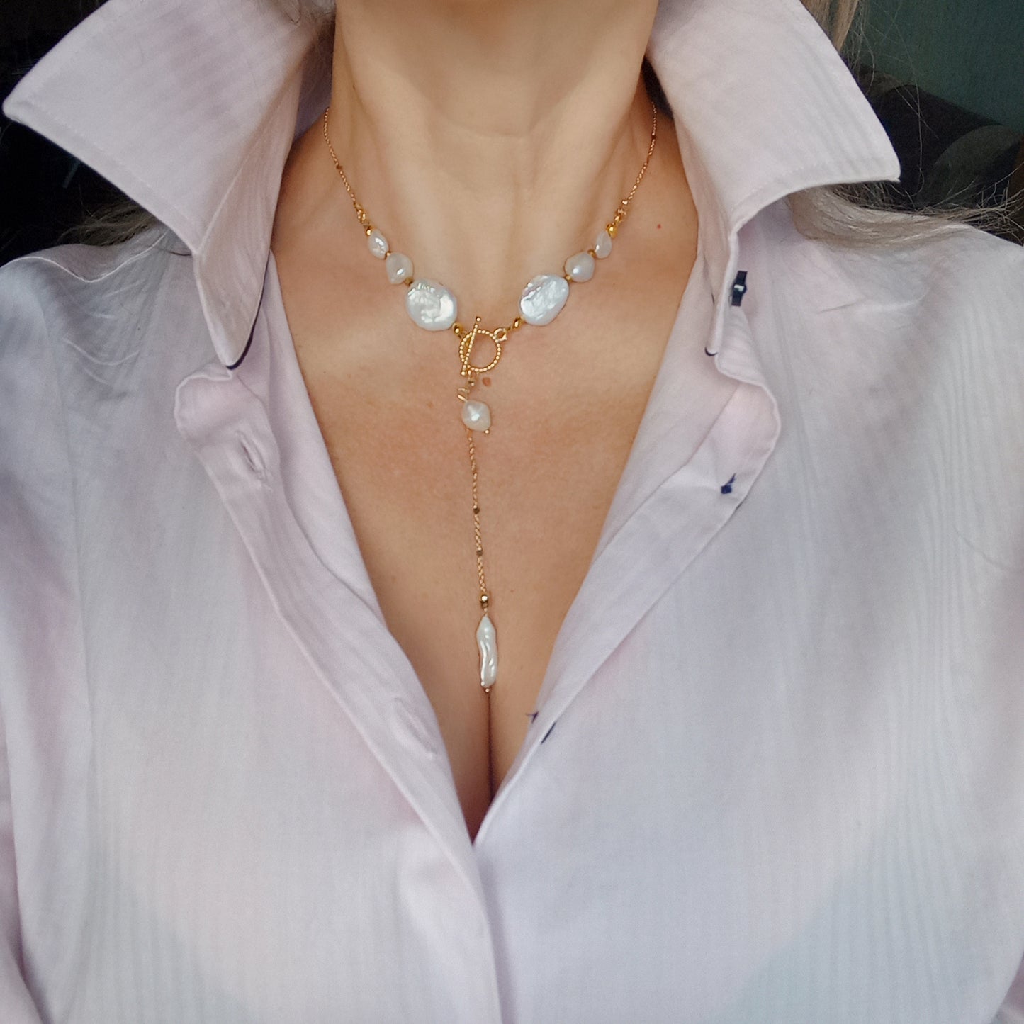 Freshwater Coin Pearl Necklace – White Wedding Pearl Jewelry 14K Gold Filled Chain Necklace Bridal Gift for Her