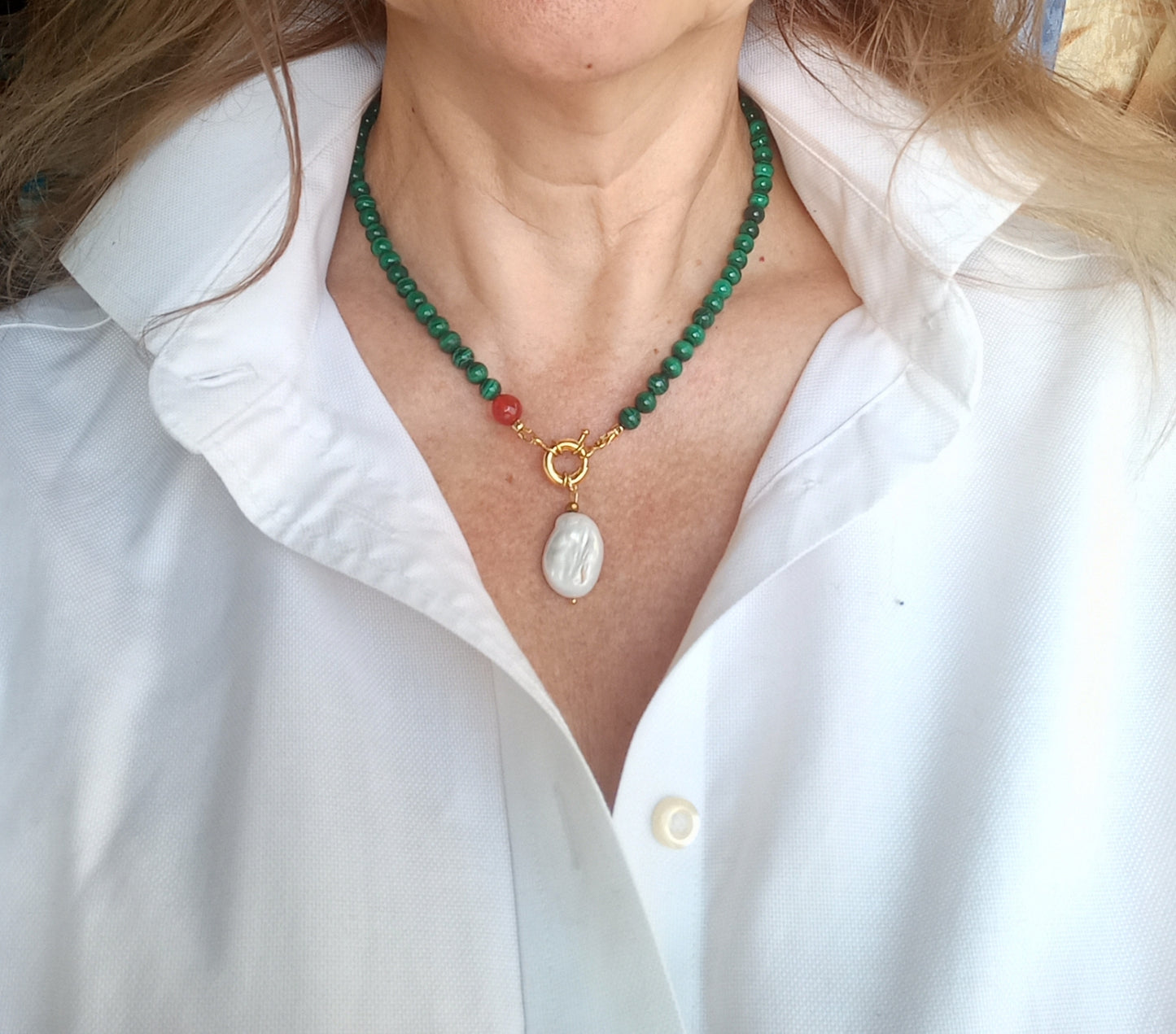 Malachite Pearl Necklace – Emerald Green Gemstone Choker with Gold Filled Clasp