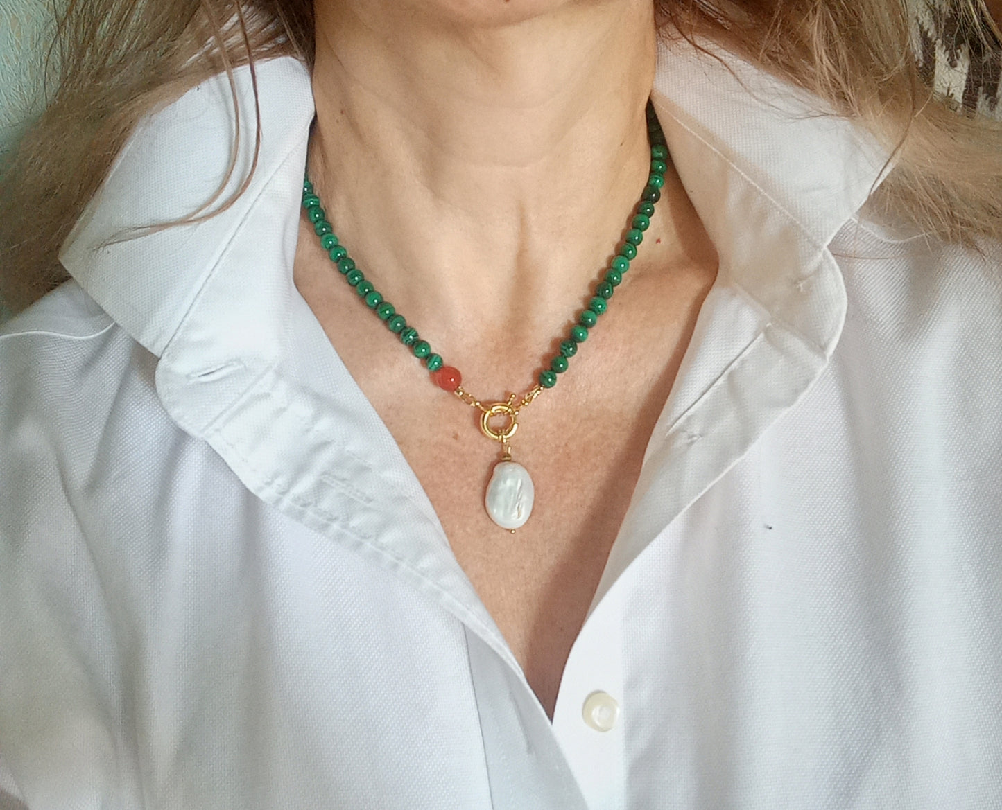 Malachite Pearl Necklace – Emerald Green Gemstone Choker with Gold Filled Clasp
