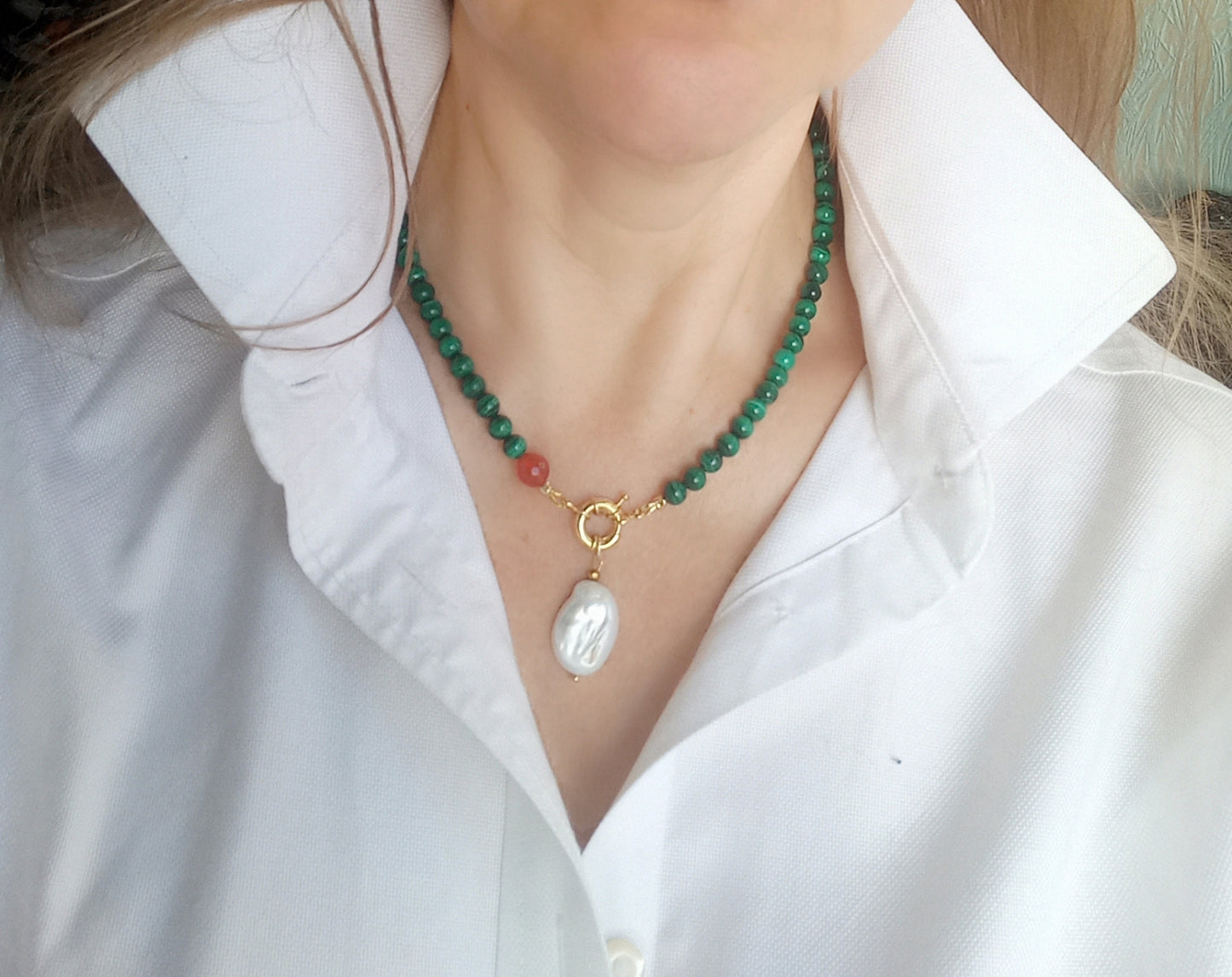 Malachite Pearl Necklace – Emerald Green Gemstone Choker with Gold Filled Clasp
