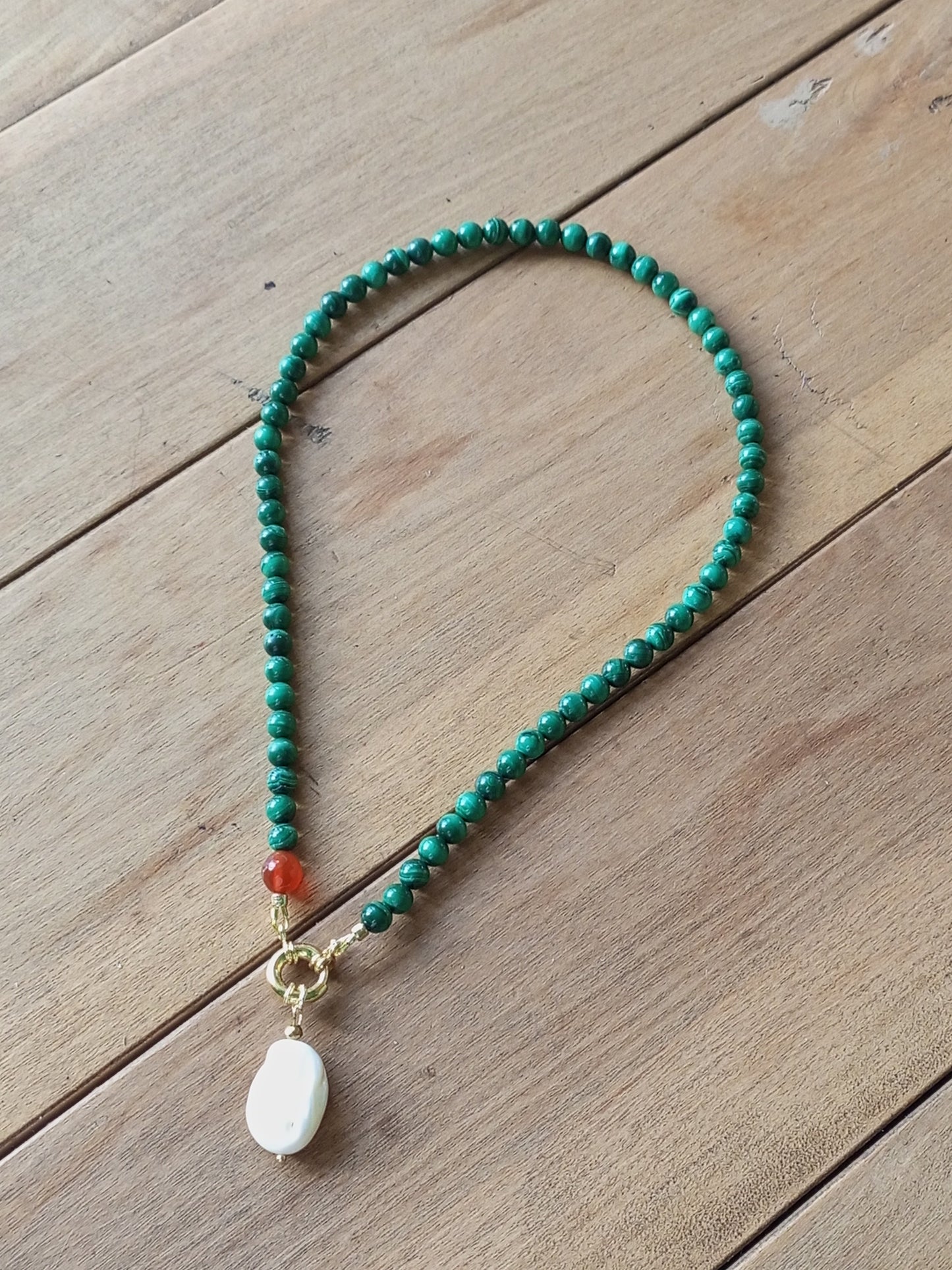 Malachite Pearl Necklace – Emerald Green Gemstone Choker with Gold Filled Clasp