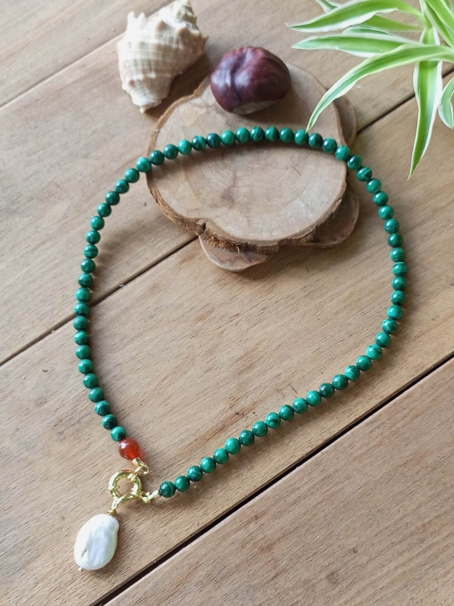 Malachite Pearl Necklace – Emerald Green Gemstone Choker with Gold Filled Clasp