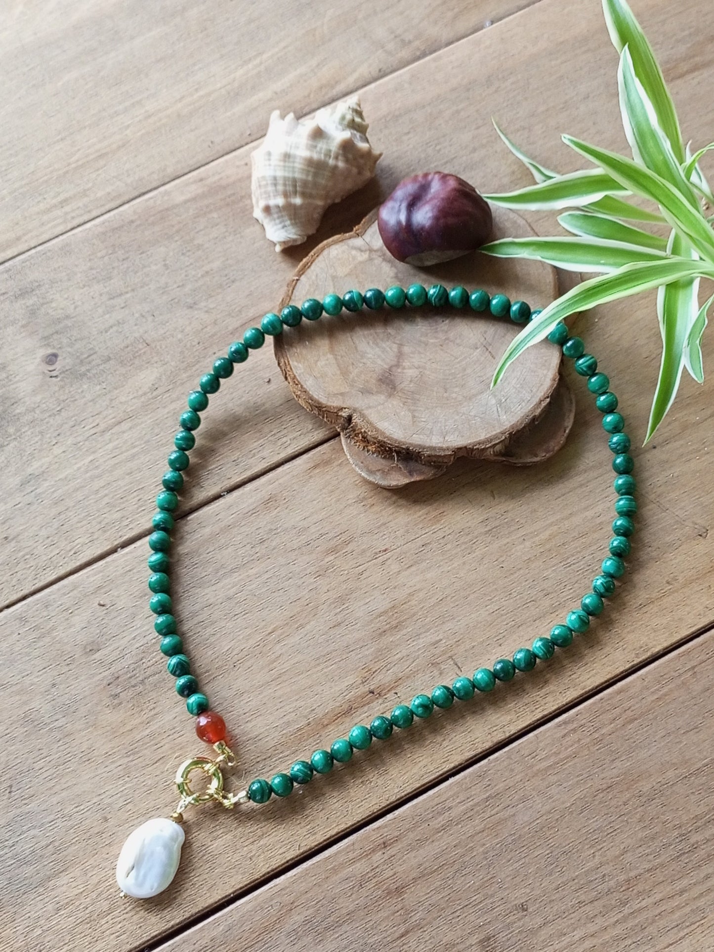 Malachite Pearl Necklace – Emerald Green Gemstone Choker with Gold Filled Clasp