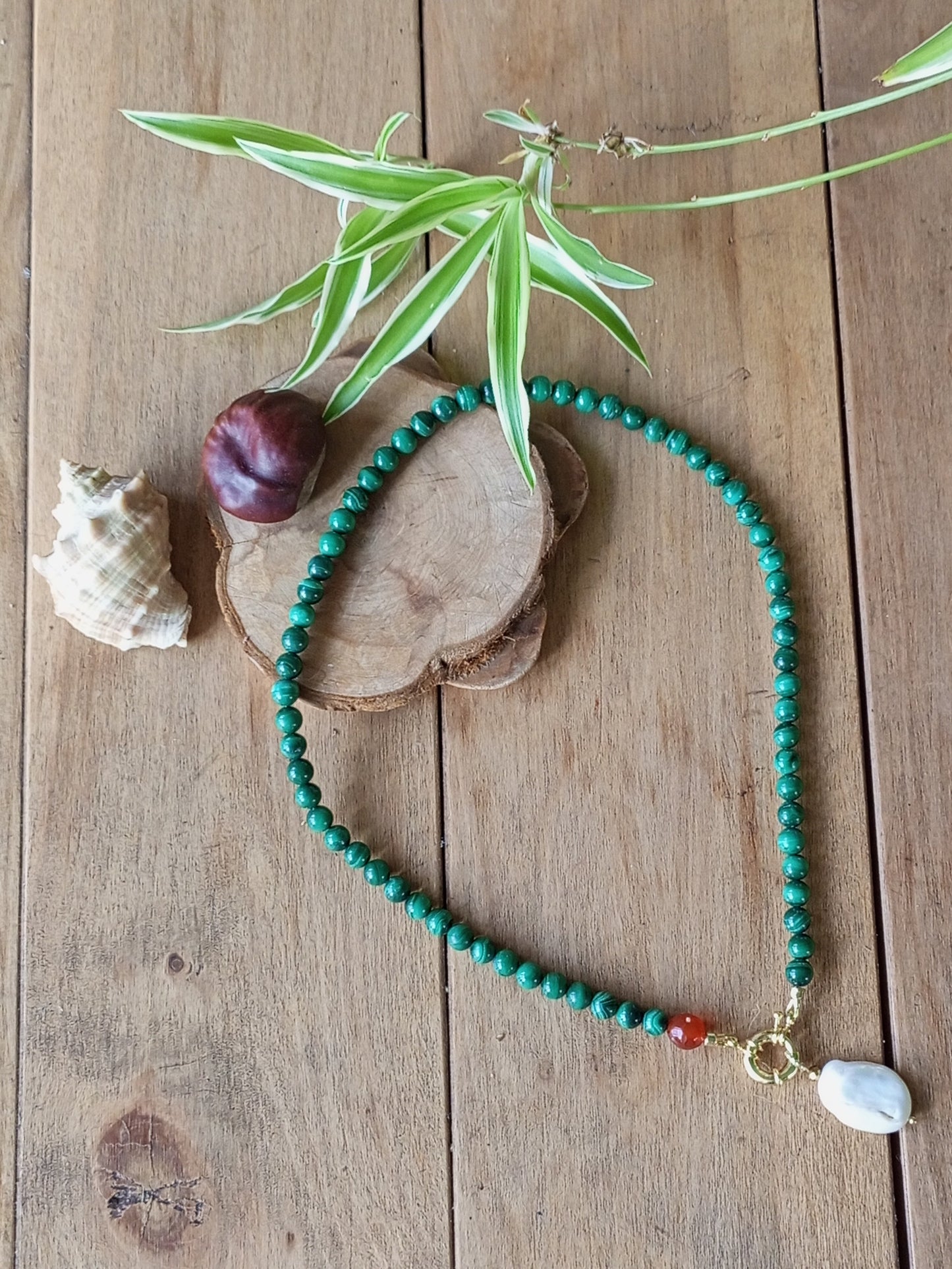 Malachite Pearl Necklace – Emerald Green Gemstone Choker with Gold Filled Clasp