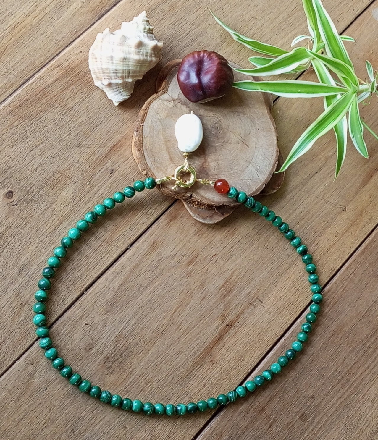 Malachite Pearl Necklace – Emerald Green Gemstone Choker with Gold Filled Clasp