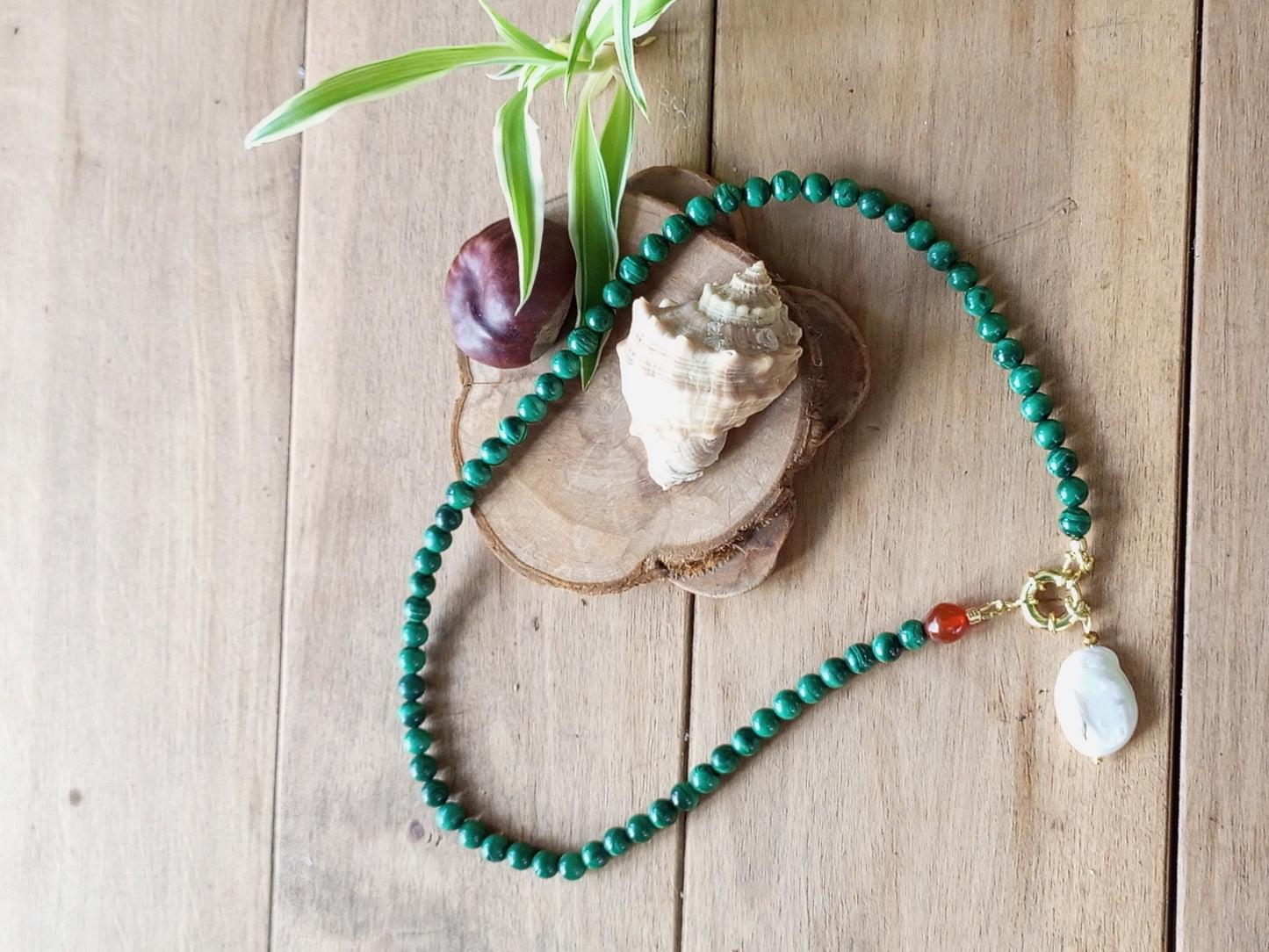 Malachite Pearl Necklace – Emerald Green Gemstone Choker with Gold Filled Clasp