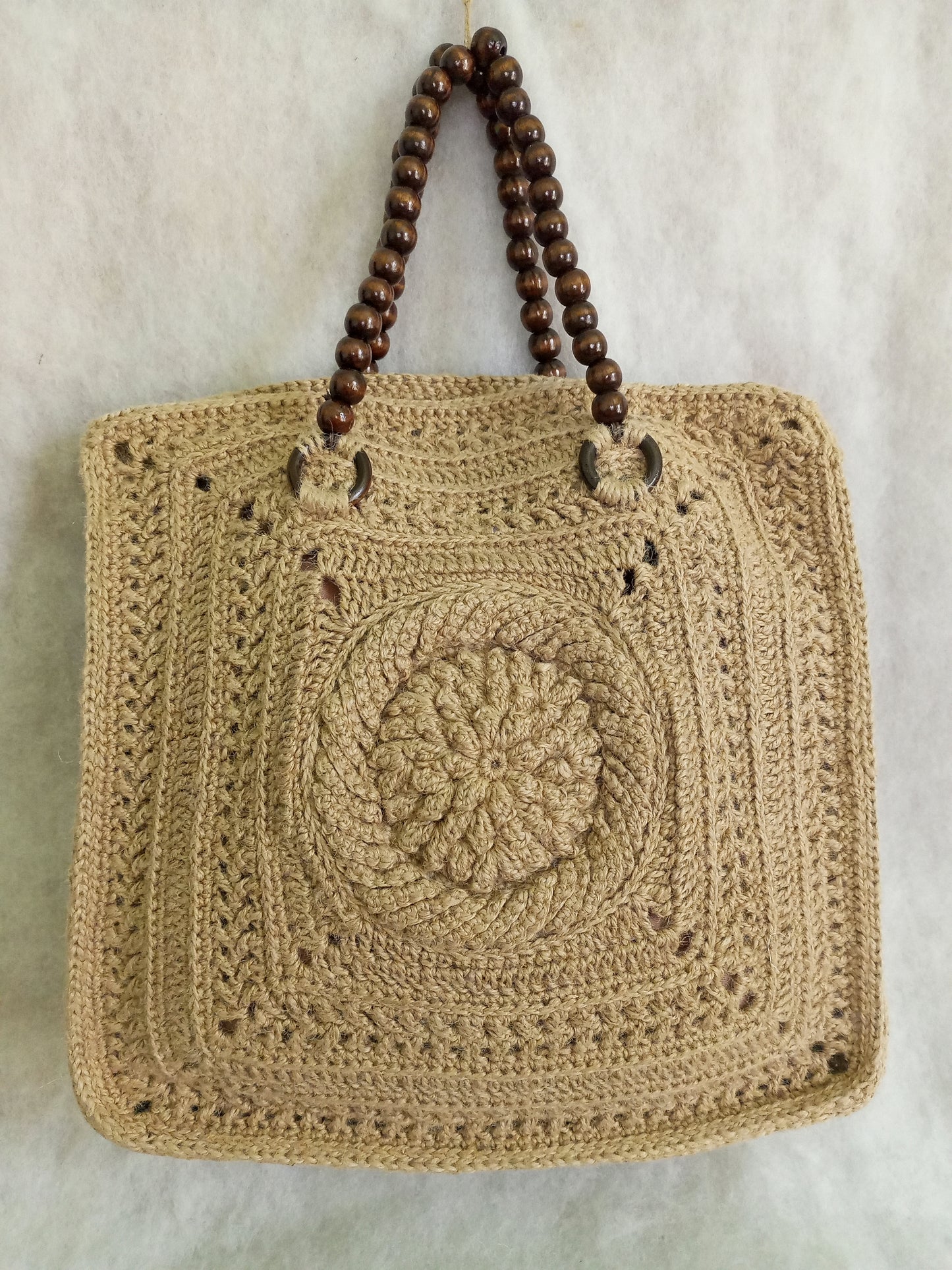 Handmade jute crochet tote bag with wooden handles Eco-friendly beige market basket bag Summer beach bag