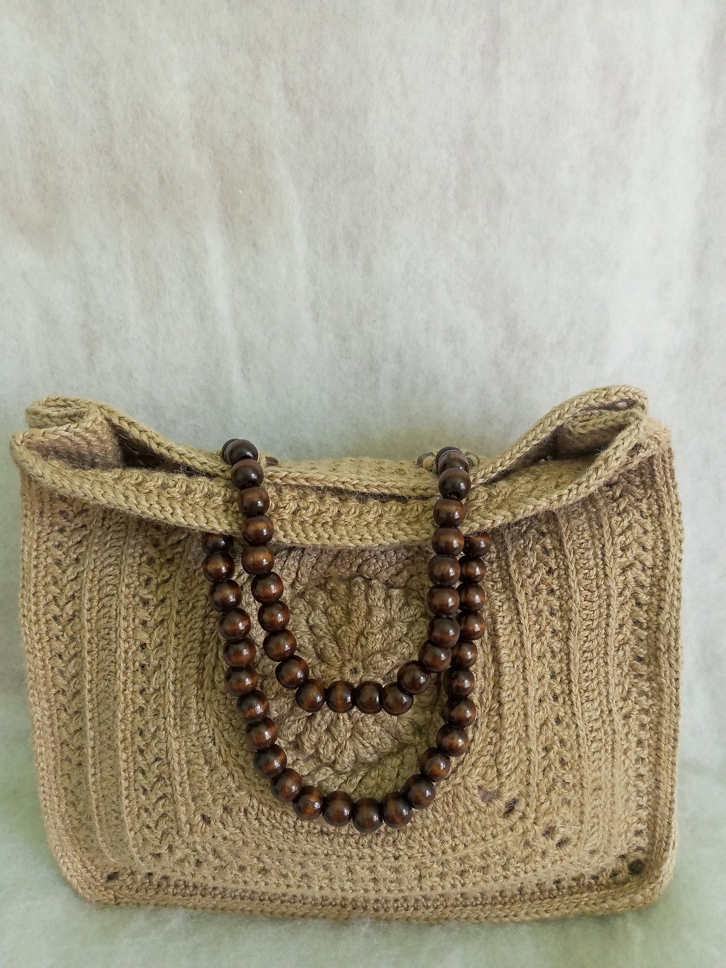 Handmade jute crochet tote bag with wooden handles Eco-friendly beige market basket bag Summer beach bag