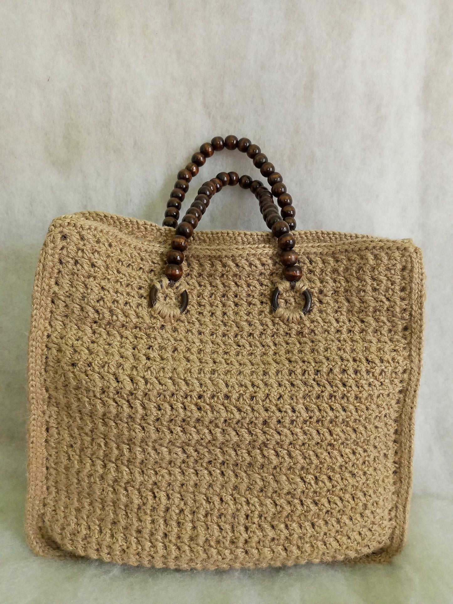 Handmade jute crochet tote bag with wooden handles Eco-friendly beige market basket bag Summer beach bag